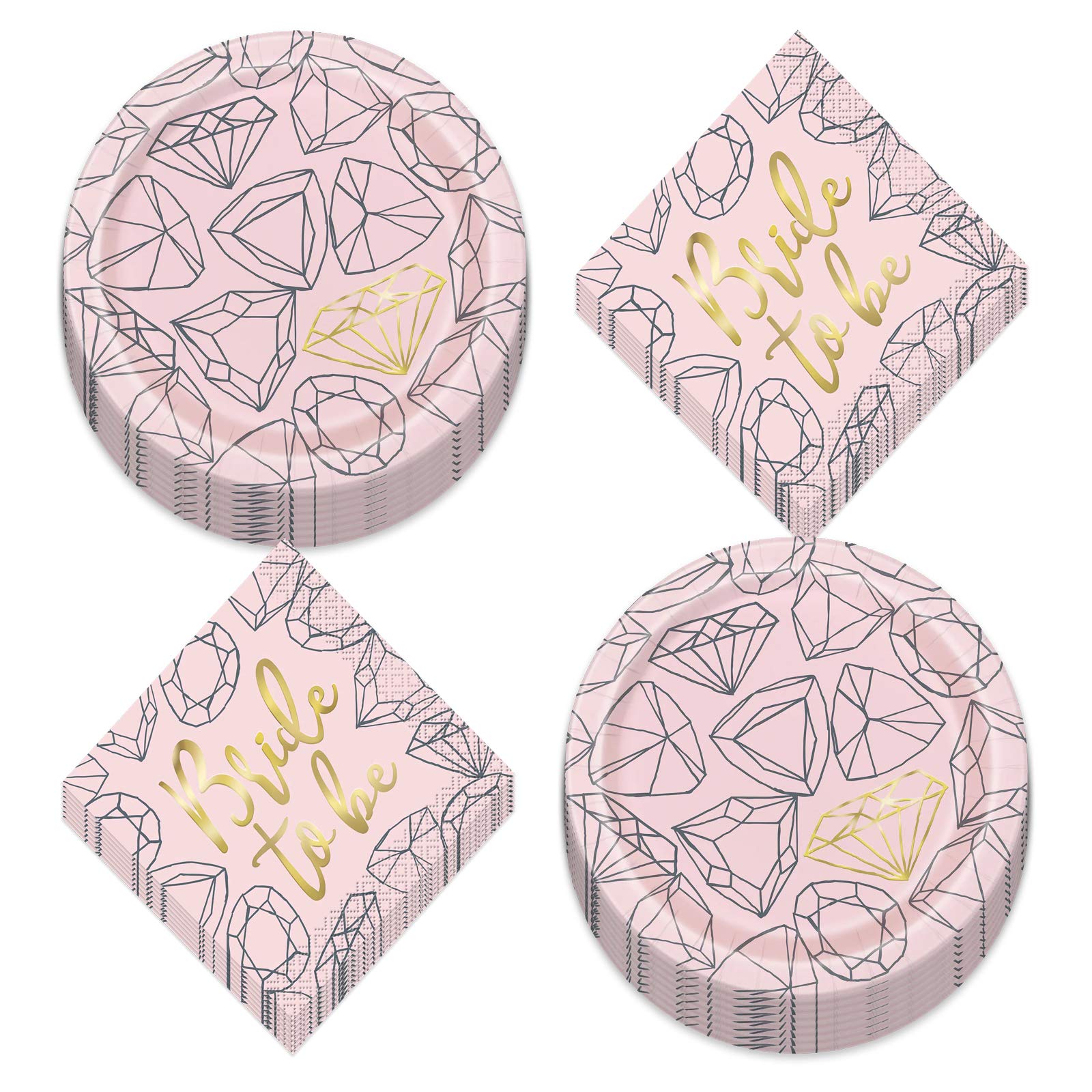 Bachelorette Party Tableware Set - Pink & Gold Diamond Bride to Be Paper Plates & Napkins (16-Piece) for Engagement, Bridal Showers & Wedding Celebrations