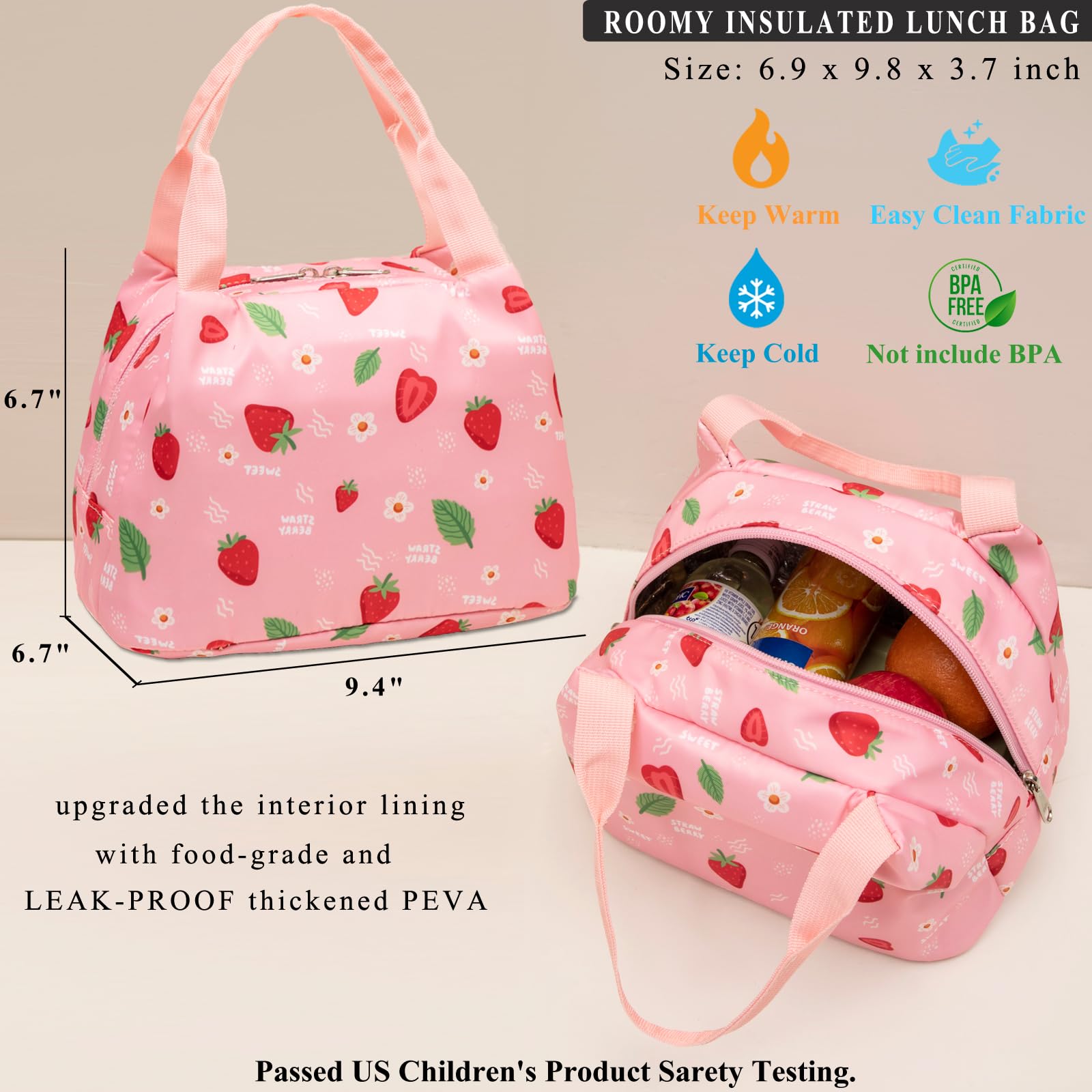 **Stylish Pink Strawberry Girls Backpack for Elementary & Middle School - Lightweight Book Bag with Lunch Box - Perfect for School, Travel & Daily Use**