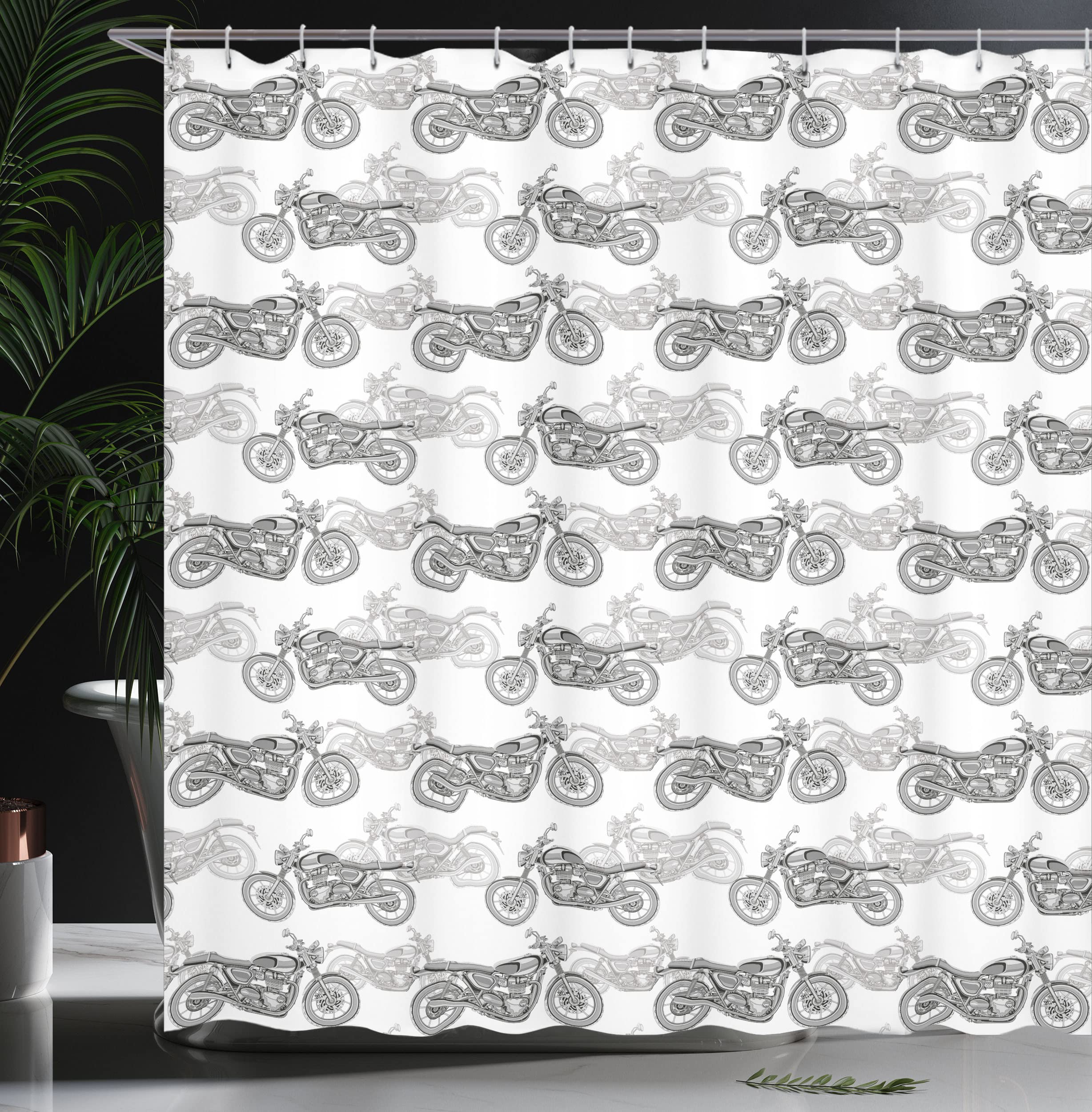 Ambesonne Motorcycle Shower Curtain - Classic Grayscale Motorcycle Design with Intricate Details, 69x70 Inch Waterproof Fabric Bathroom Decor with Hooks (Grey/White/Black) - Perfect for Biker-Themed Bathrooms, Man Caves & Motorcycle Enthusiast Homes