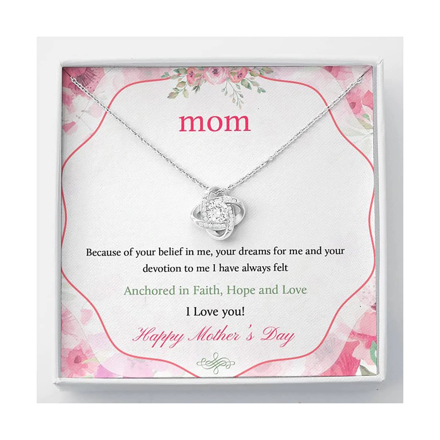 Faith Hope Love Knot Pendant Necklace - Inspirational Mother's Jewelry Gift for Women with Black Gift Box & Custom Redwood Case - Perfect for Mother's Day, Birthday & Special Occasions