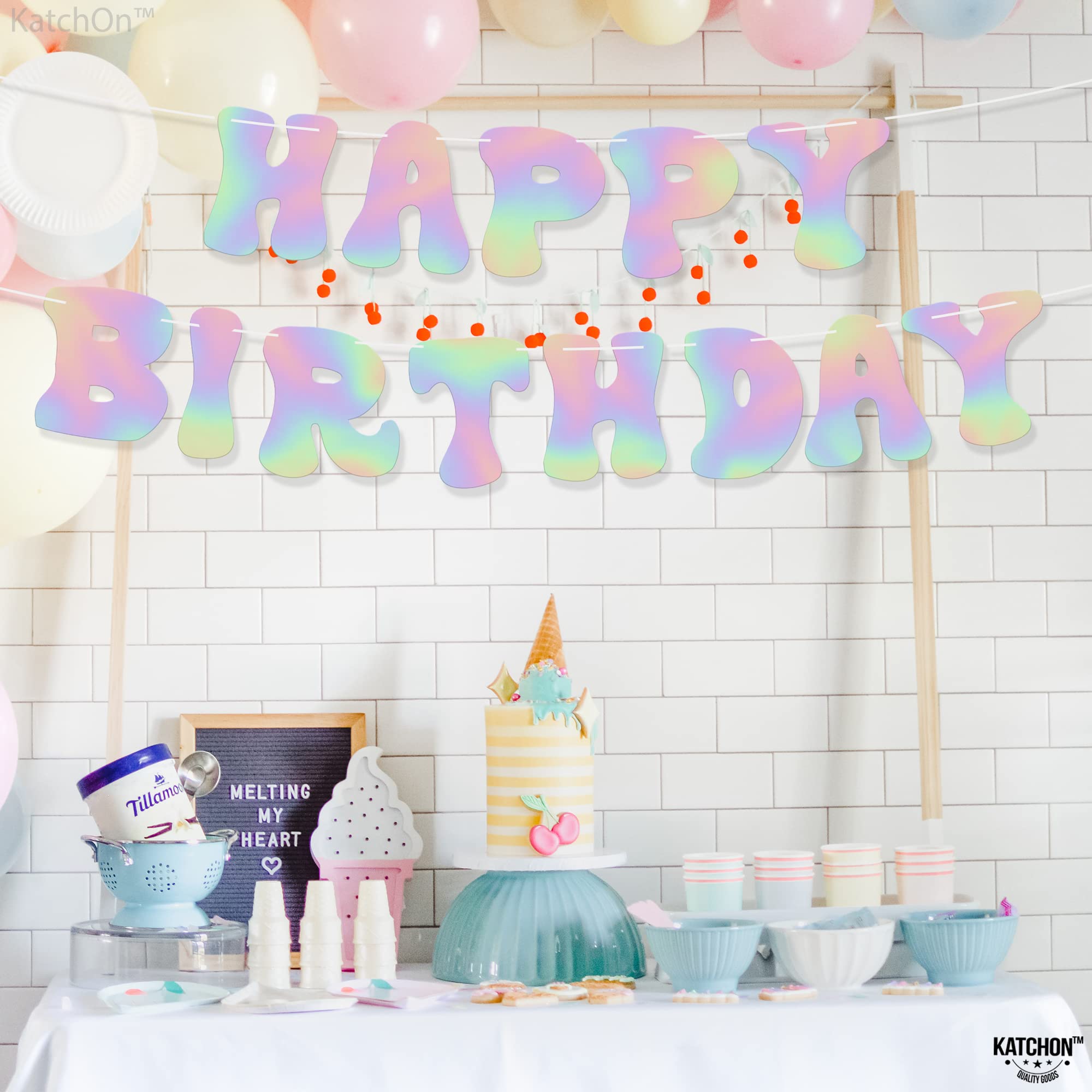 KatchOn 10ft Iridescent Happy Birthday Banner - Prestrung Disco Party Sign, Holographic Birthday Decor for Women | Perfect for Disco Themed Parties, Birthday Celebrations & Home Decorations
