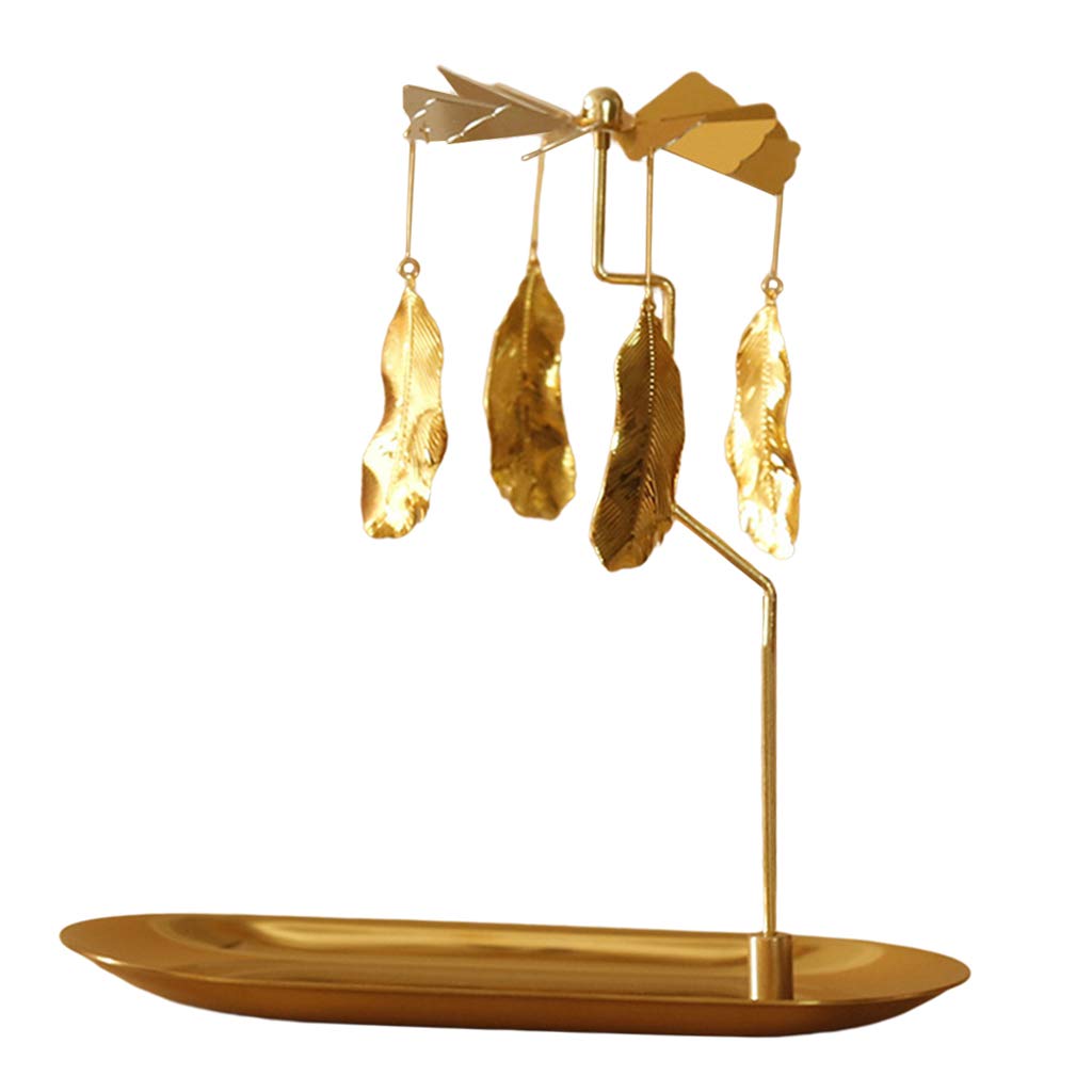 FAKEME Golden Spinning Candle Holder - Rotating Votive Candle Stand with Storage Tray, Elegant Home Decor for Romantic Dinners, Thanksgiving & Christmas Centerpieces - Feather Design for Wedding, Party & Holiday Decorations