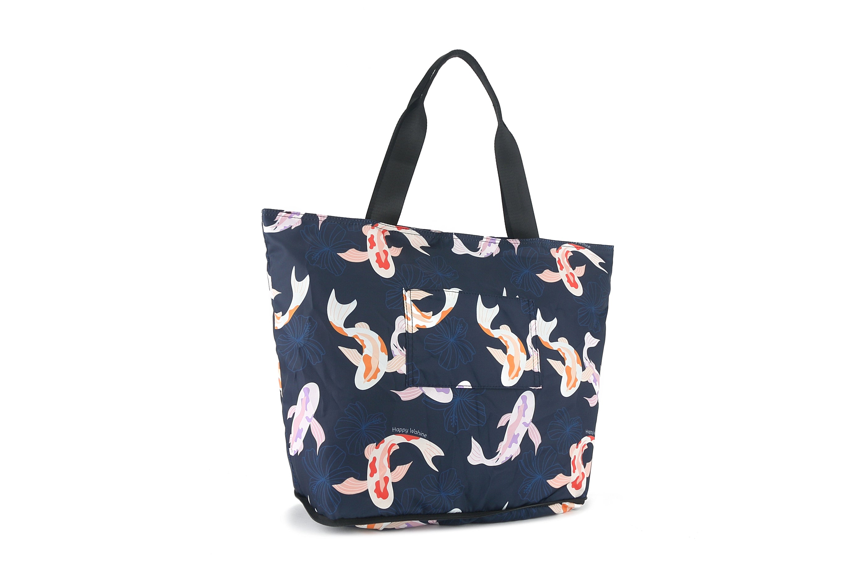Foldable Tote Bag - James Koi Navy Blue Design - Lightweight & Waterproof Shopping Bag for Groceries, Beach, Travel & Daily Use