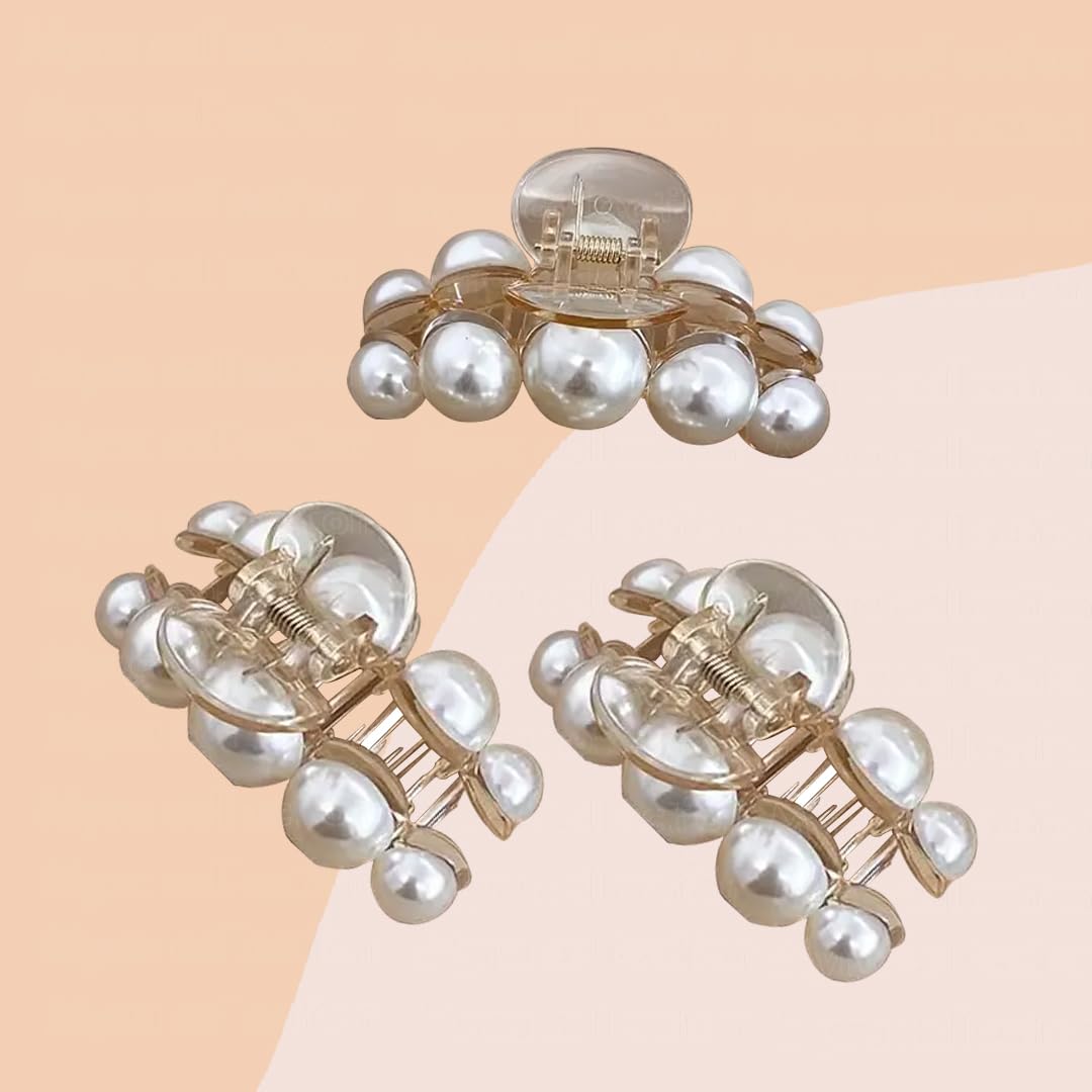 Myra Collection 3-Piece White Pearl Hair Claw Clips - Elegant & Stylish Hair Accessories for Women & Girls - Perfect for Weddings, Parties, and Everyday Wear