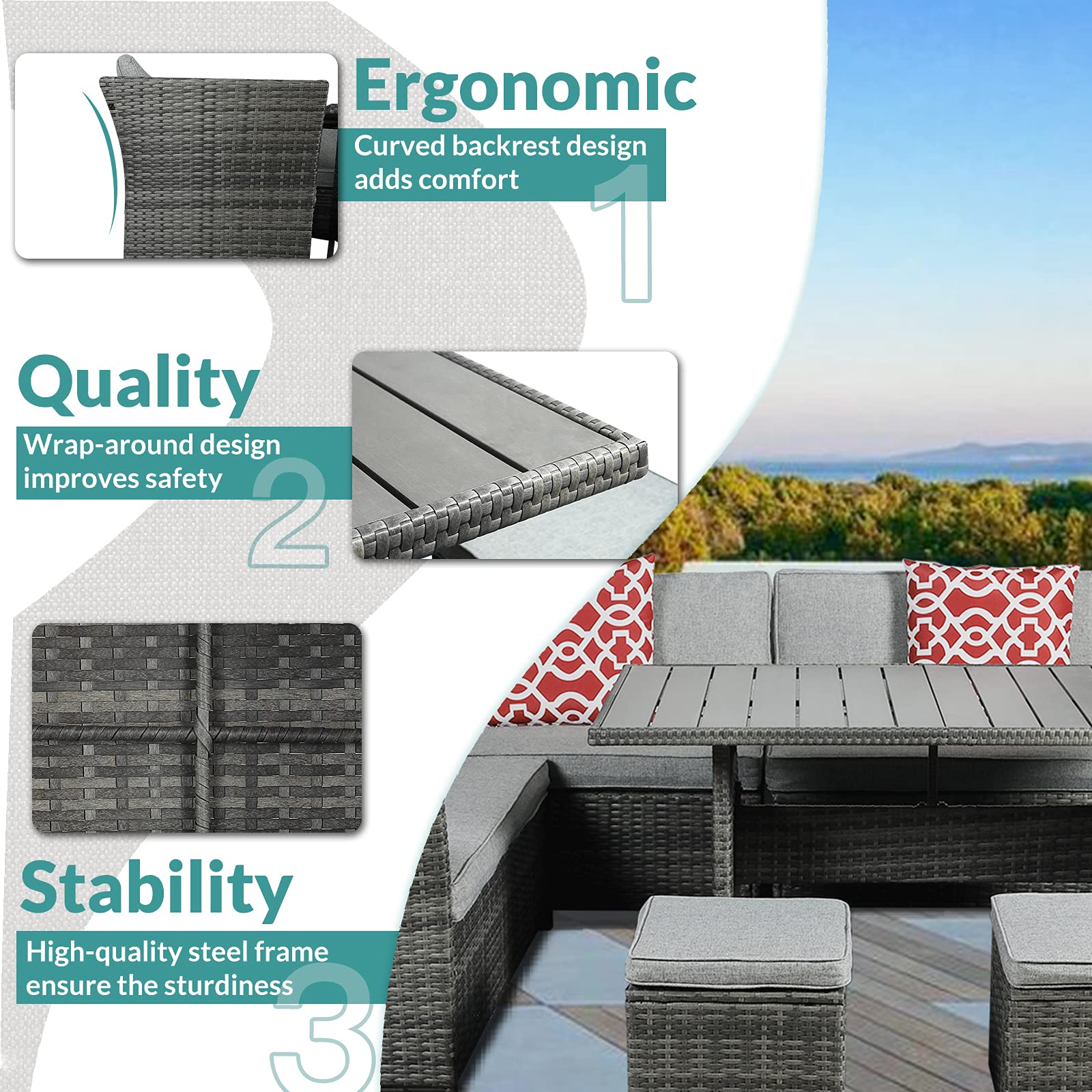 MEETWARM 7-Piece All-Weather Wicker Patio Furniture Set - Outdoor Rattan Sectional Sofa with Ottoman, Coffee Table & Chairs - Gray Conversation Set for Garden, Poolside & Backyard Relaxation