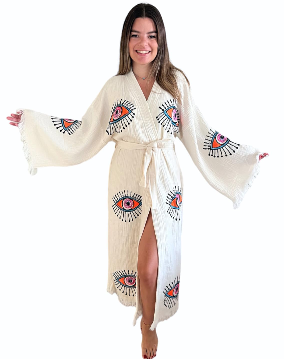 Handmade Evil Eye Kimono - Women's Beach Cover Up, Festival Bohemian Robe, Boho Cotton Cardigan & Dressing Gown for Summer, Poolside, Music Festivals & Relaxation at Home