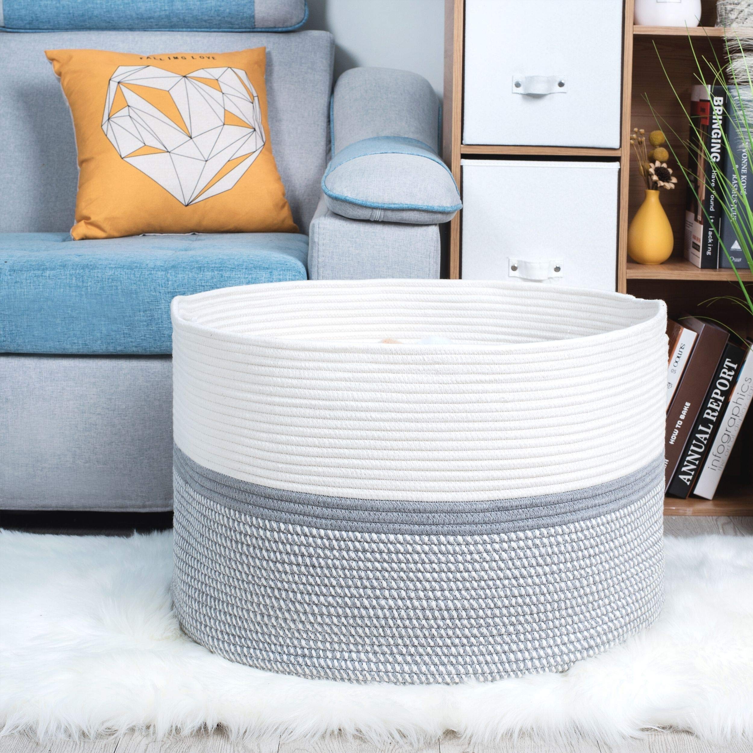 MINTWOOD Extra Large 22x14 Inch Woven Cotton Rope Storage Basket - Laundry Hamper, Blanket Organizer, Dog Toy Bin, Towel Holder for Bedroom, Nursery & Bathroom | Light Grey Mix Home Decor