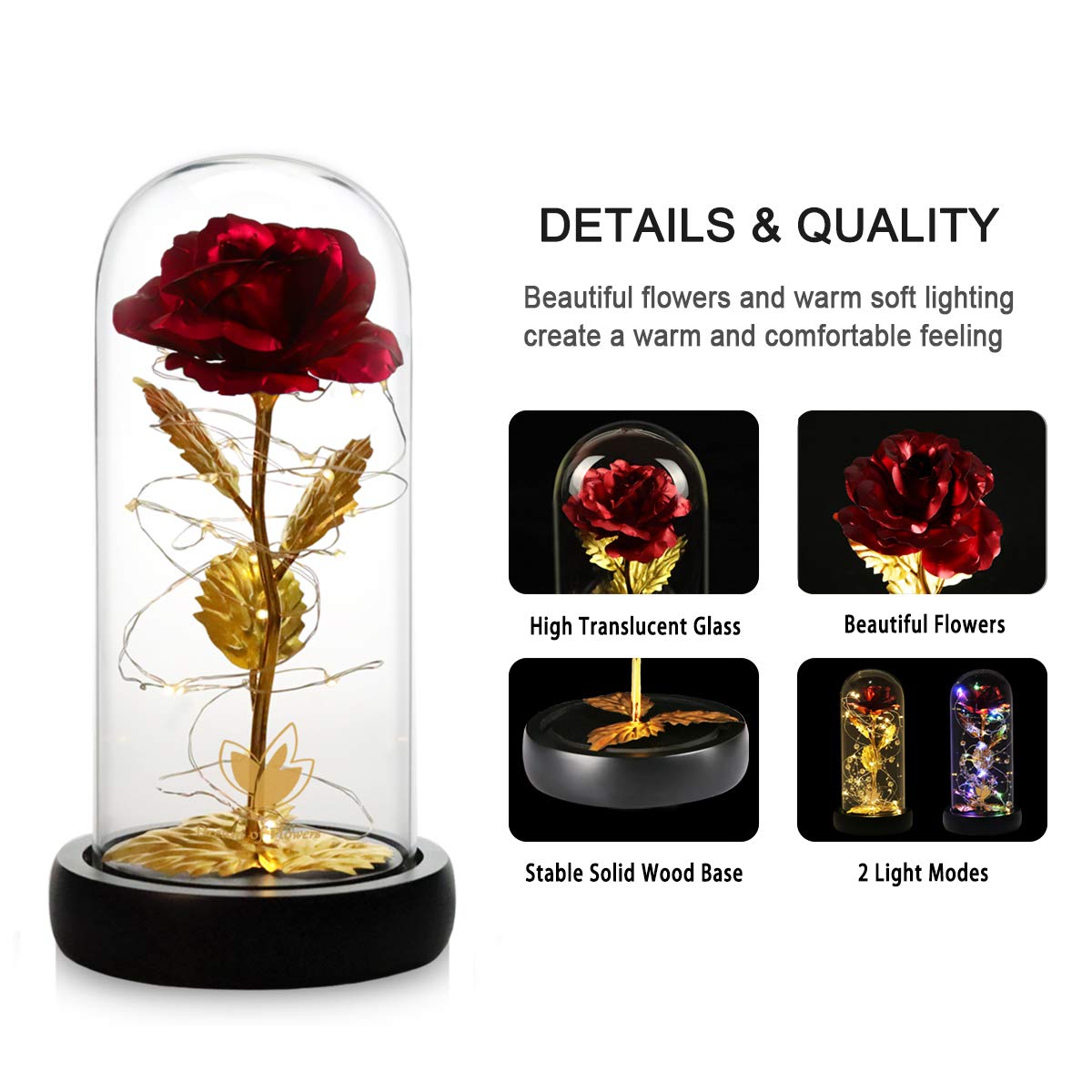 Valentine's Rose Gift for Her - Artificial Flower in Glass Dome with 2 Light Modes, Colorful Gold Foil Rose - Perfect for Weddings, Birthdays & Romantic Occasions