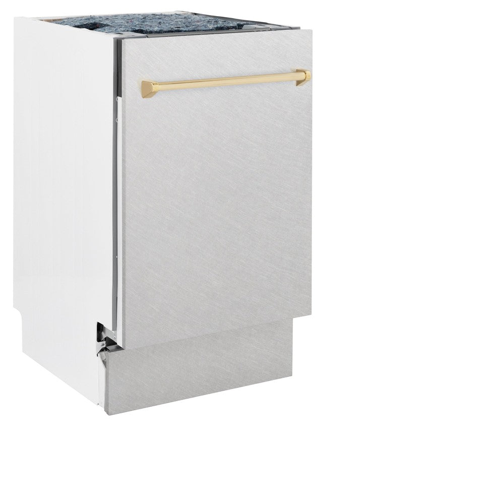 ZLINE Autograph Edition 18-inch Built-In Dishwasher with 3rd Rack - Satin Stainless Steel Panel & Polished Gold Handle - 51dBa Quiet Operation - Perfect for Modern Kitchens and Open-Concept Homes (DWVZ SN 18 G)