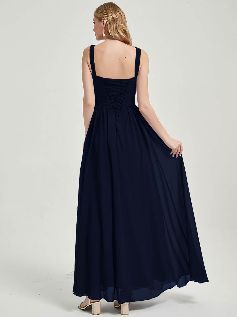 Elegant Dark Navy Blue Wide Straps Sleeveless V-Neck Pleated Flowy Bridesmaid Dress - Perfect for Weddings, Parties & Formal Events