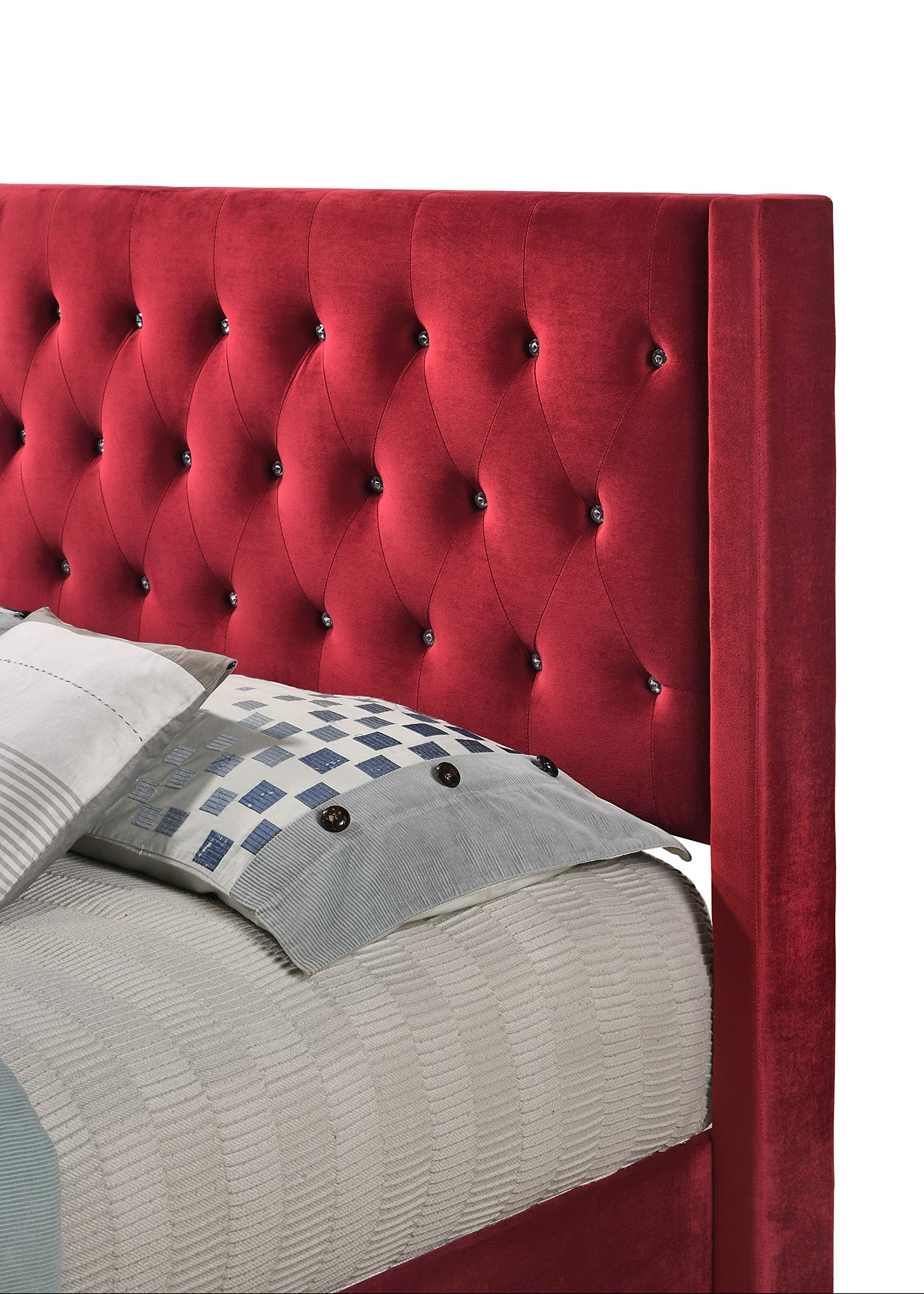 Carell Furniture Modern Velvet Upholstered Full Bed in Cherry - Luxurious Bedroom Furniture for Master Bedroom & Guest Room