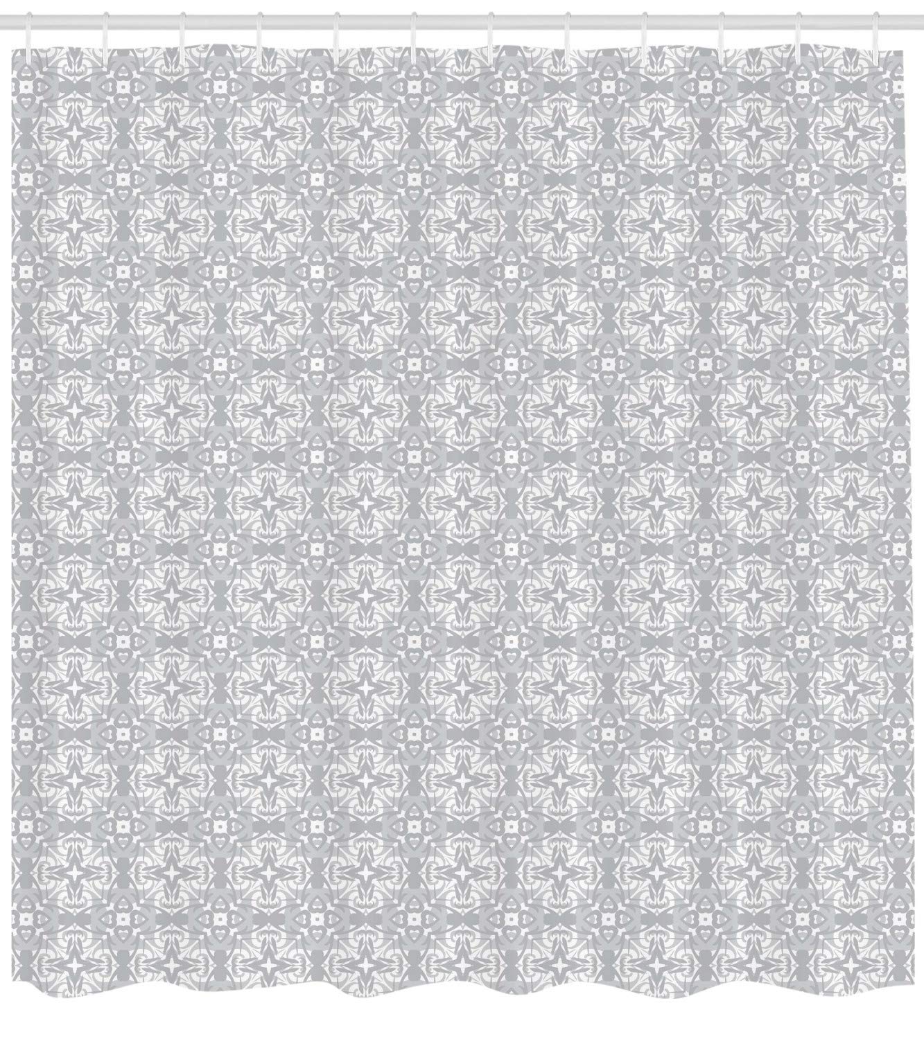 Ambesonne Geometric Shower Curtain - Traditional Portuguese Azulejo Tile Pattern Bathroom Decor Set with Hooks, 69x70 Inches, White & Taupe - Waterproof Fabric for Modern & Vintage Bathrooms