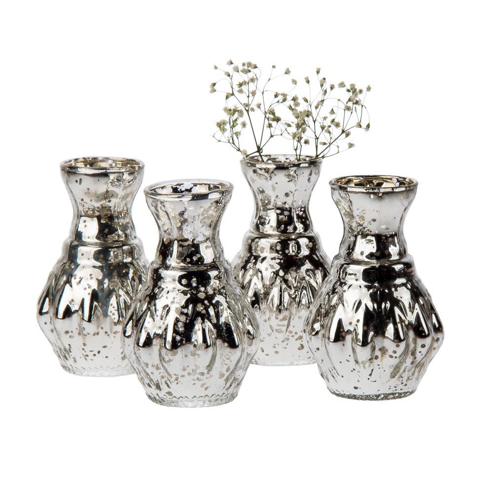 4 Pack Vintage Mercury Glass Vases - 4 Inch Mini Ribbed Design (Bernadette Collection, Silver) | Elegant Decorative Flower Vases for Home Decor, Wedding Centerpieces, Table Settings & Holiday Displays