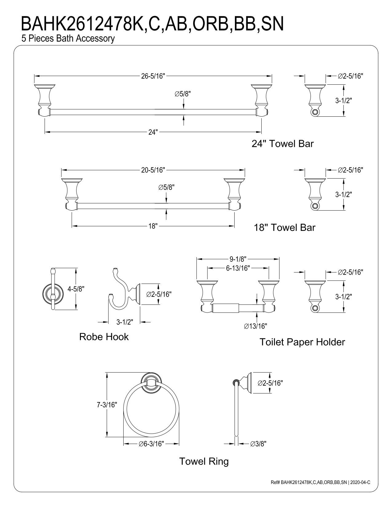 Kingston Brass BAHK2612478ORB Provence 24-Inch Oil Rubbed Bronze Bathroom Hardware Set - Towel Bar, Robe Hook & Toilet Paper Holder for Modern Bathroom Decor