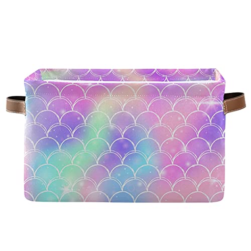 Multicolor Mermaid Scale Collapsible Storage Basket with PU Handles - Waterproof Laundry Organizer for Nursery, Bedroom & Bathroom (1 Pack) - Perfect for Toy Storage, Clothes Organization & Home Decor