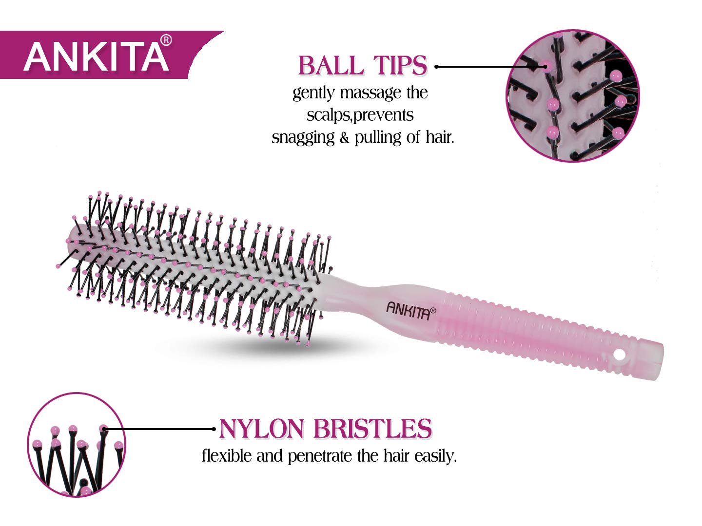 Ankita Round Hair Brush with Nylon Bristles - Strong Flexible Bristles for Smoothing, Detangling & Styling - Ideal for Men & Women (Color May Vary) - Perfect for Salon, Home & Travel Hair Care