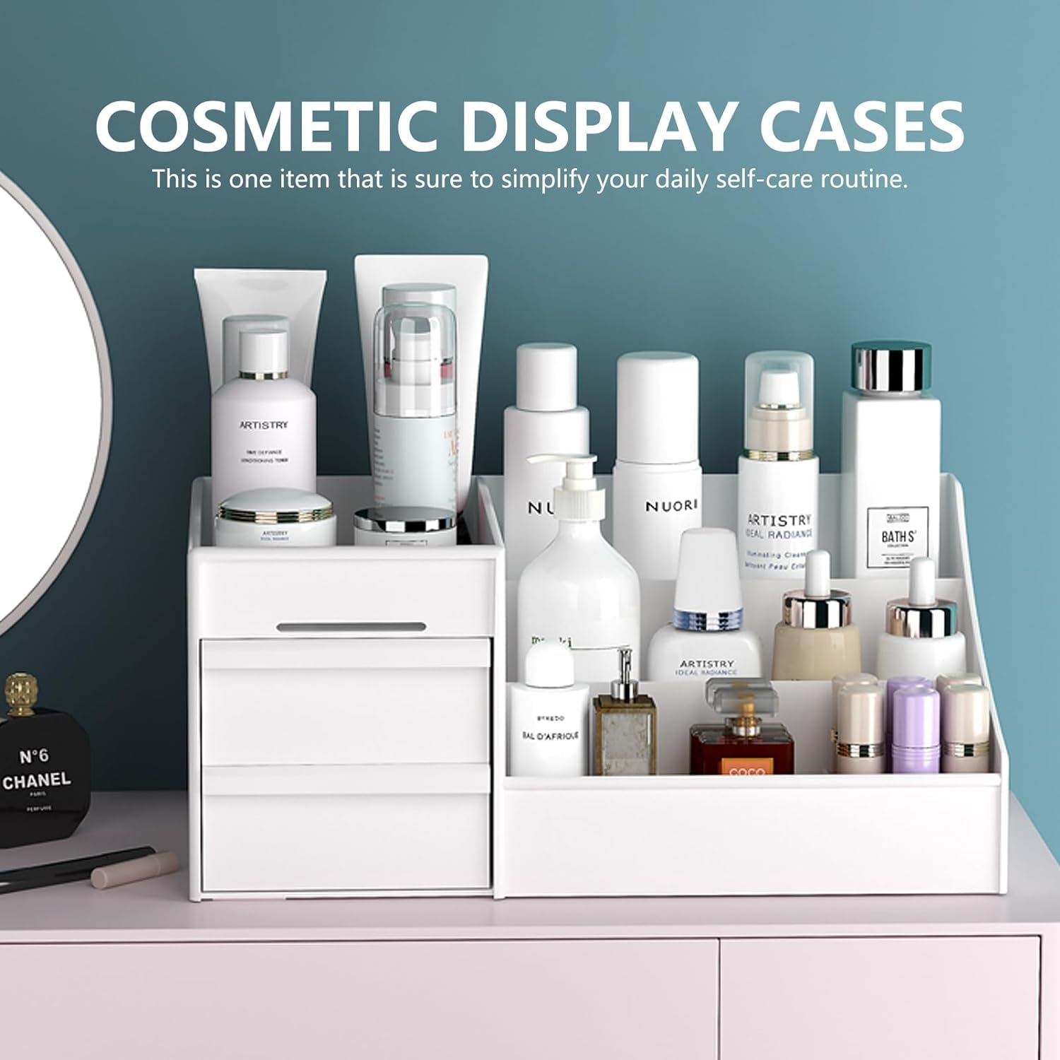 INOVERA 3-Tier Makeup Organizer with Drawers | White Cosmetic Storage Case for Countertop | Vanity Organizer for Lipstick, Brushes & Skincare | Perfect for Bedroom, Bathroom & Dressing Table