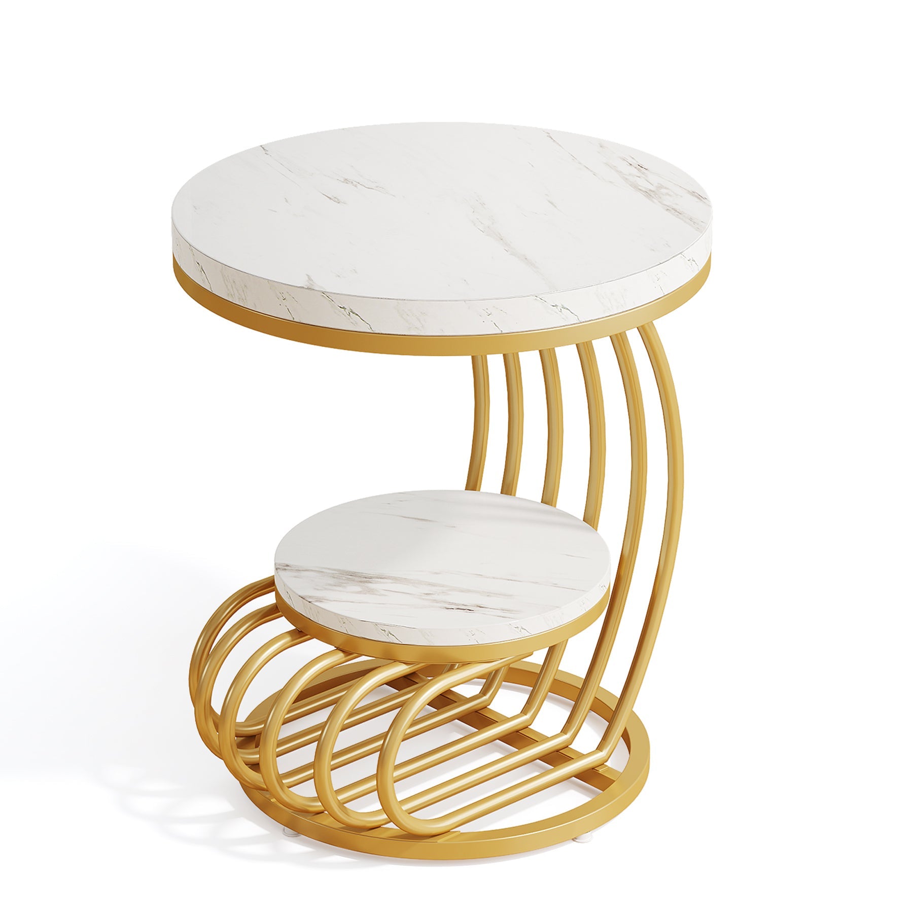 Round End Table with Storage Shelf - 2-Tier Faux Marble Side Table for Living Room, Bedroom & Office - Modern Accent Table with Sturdy Metal Frame for Home Decor