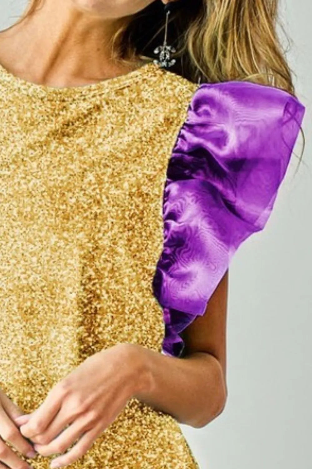 BiBi Mardi Gras Color Block Organza Sleeve Sequin Top | Party Wear for Women | Perfect for Festivals, Carnivals & Night Out