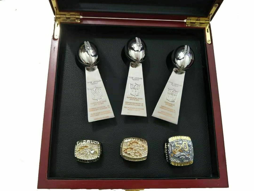 Denver Broncos Championship Trophy Set - 3 Trophies & 3 Championship Rings with Display Box | NFL Memorabilia, Sports Fan Gifts, Man Cave Decor, Collectible Awards for Football Fans