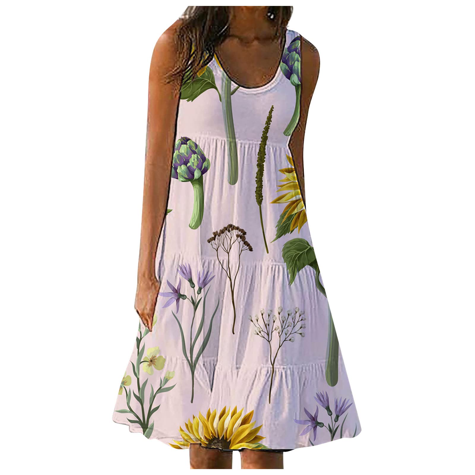 Women's Floral Print Summer Beach Dress - Sleeveless Round Neck Jersey Dress for Spring & Summer | Casual Outfit for Beach, Vacation & Outdoor Activities