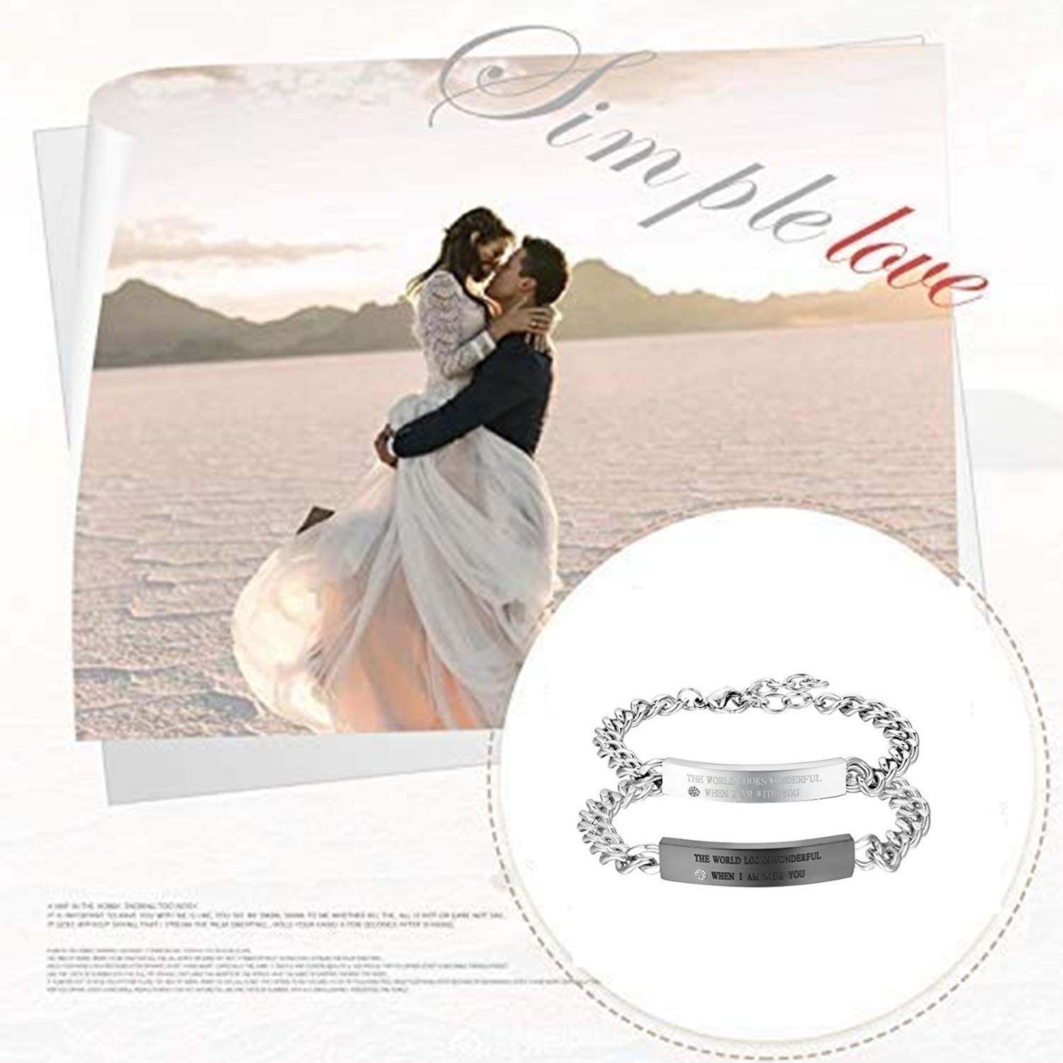 Cupimatch 2PCS Couple Bracelets Set - Stainless Steel Matching Love Heart Puzzle Link Bangle for Him & Her - Romantic Gift for Anniversary, Valentine's Day & Couples Date Night