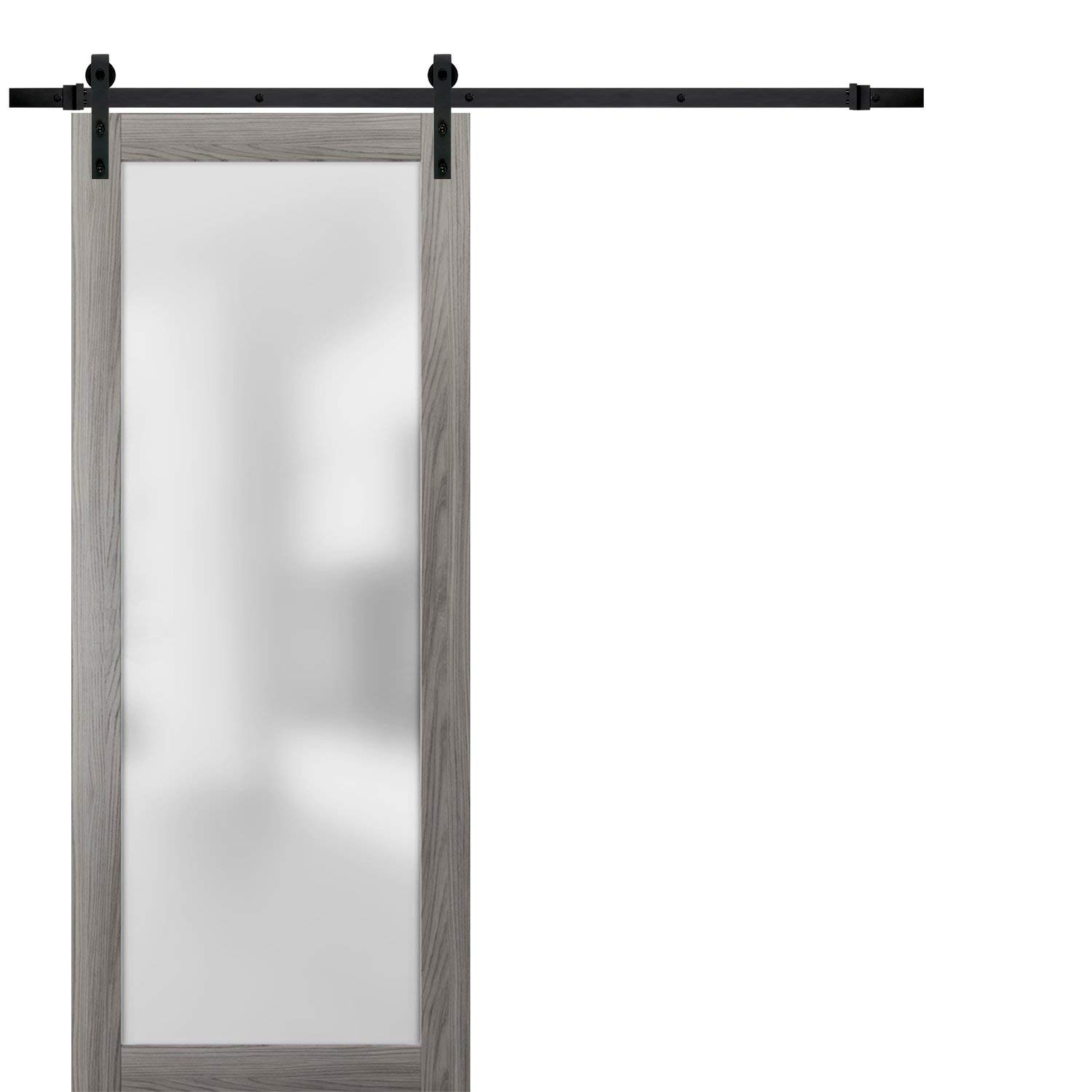SARTODOORS 36x84 Inch Sliding Barn Glass Door with 6.6 Feet Rail System - Modern Solid Core Interior Door in Planum 2102 Ginger Ash Finish | Eco-Veneer Surface | Complete Hangers & Stops Hardware Set | Perfect for Farmhouse, Loft & Contemporary Home Decor