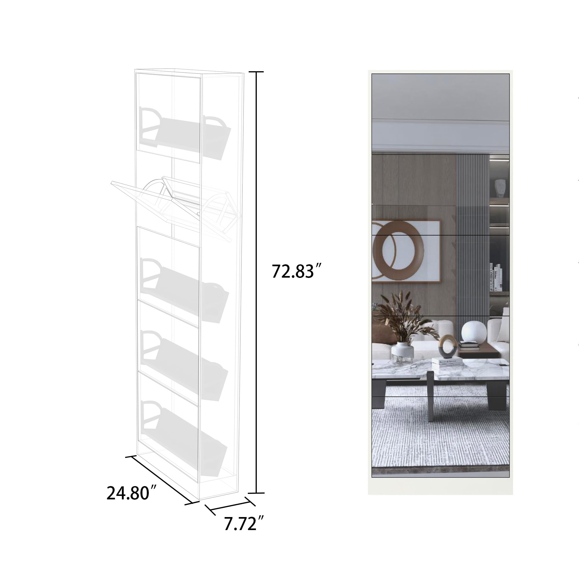 Modern Shoe Cabinet with Full-Length Mirror & 5 Flip Drawers - Freestanding Shoe Rack Organizer for Entryway, Living Room, Bedroom - Space-Saving Shoe Storage Solution for Small Apartments & Homes
