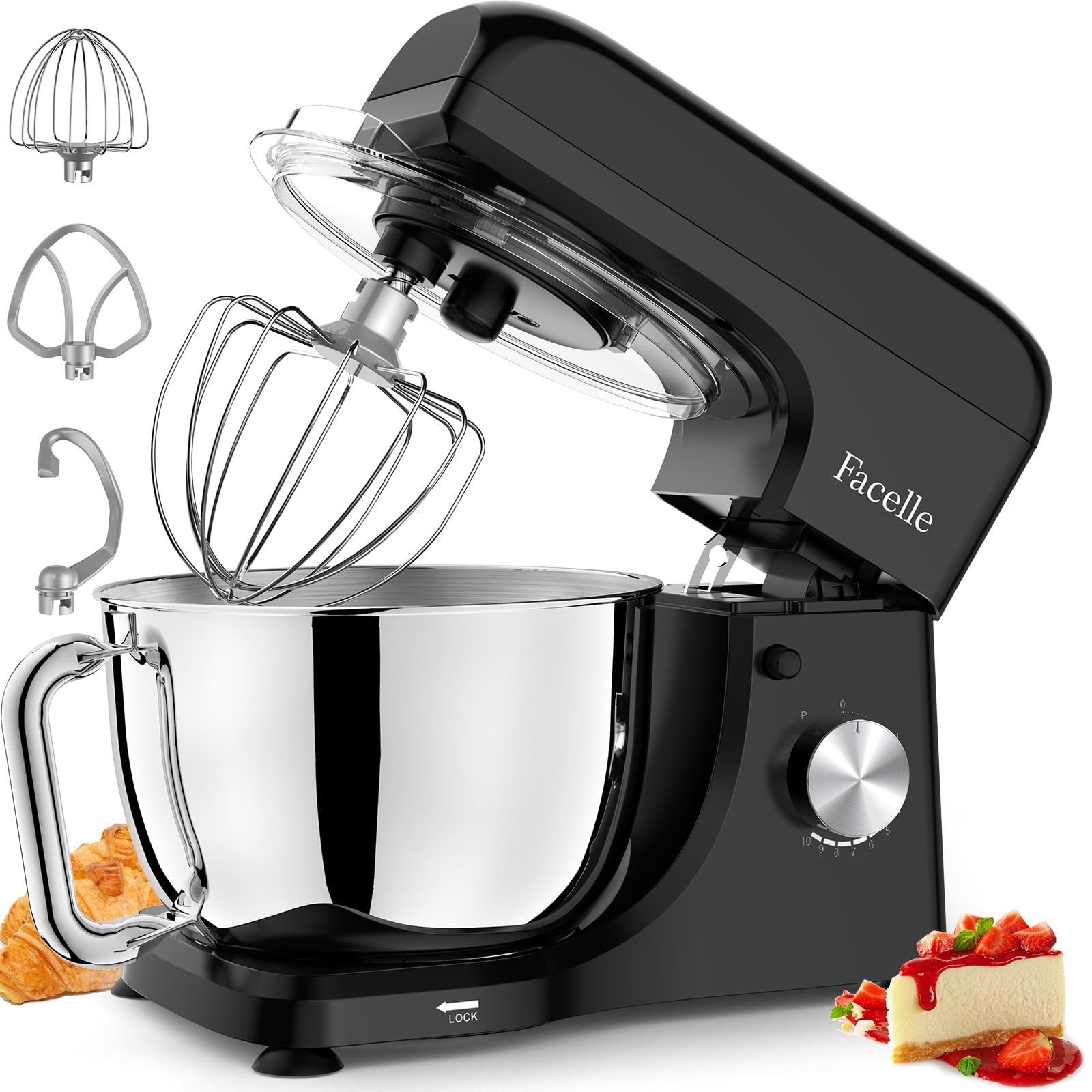 Facelle 5.5Qt Stand Mixer - 10+ Speed Tilt-Head Electric Kitchen Mixer with Stainless Steel Bowl, Dough Hook, Whisk & Beater - Perfect for Baking Cakes, Cookies, Bread & More | Ideal for Home Bakers & Professional Kitchens