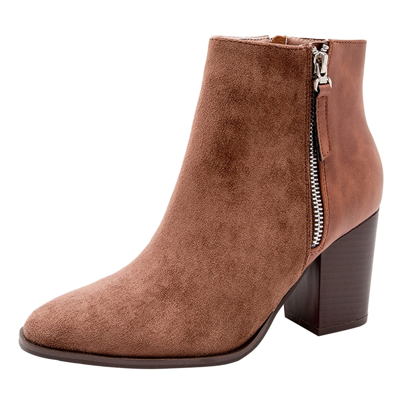 Women's Chunky Heel Ankle Boots - Faux Suede Fashion Booties with Side Zipper | Casual Flat Boots for Women | Perfect for Office, Dating & Fall/Winter Outfits