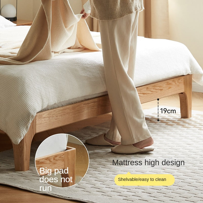 Solid Oak Rubber Wood Bed - Modern Nordic Style Queen/King Size Bed Frame for Bedroom, Living Room & Guest Room