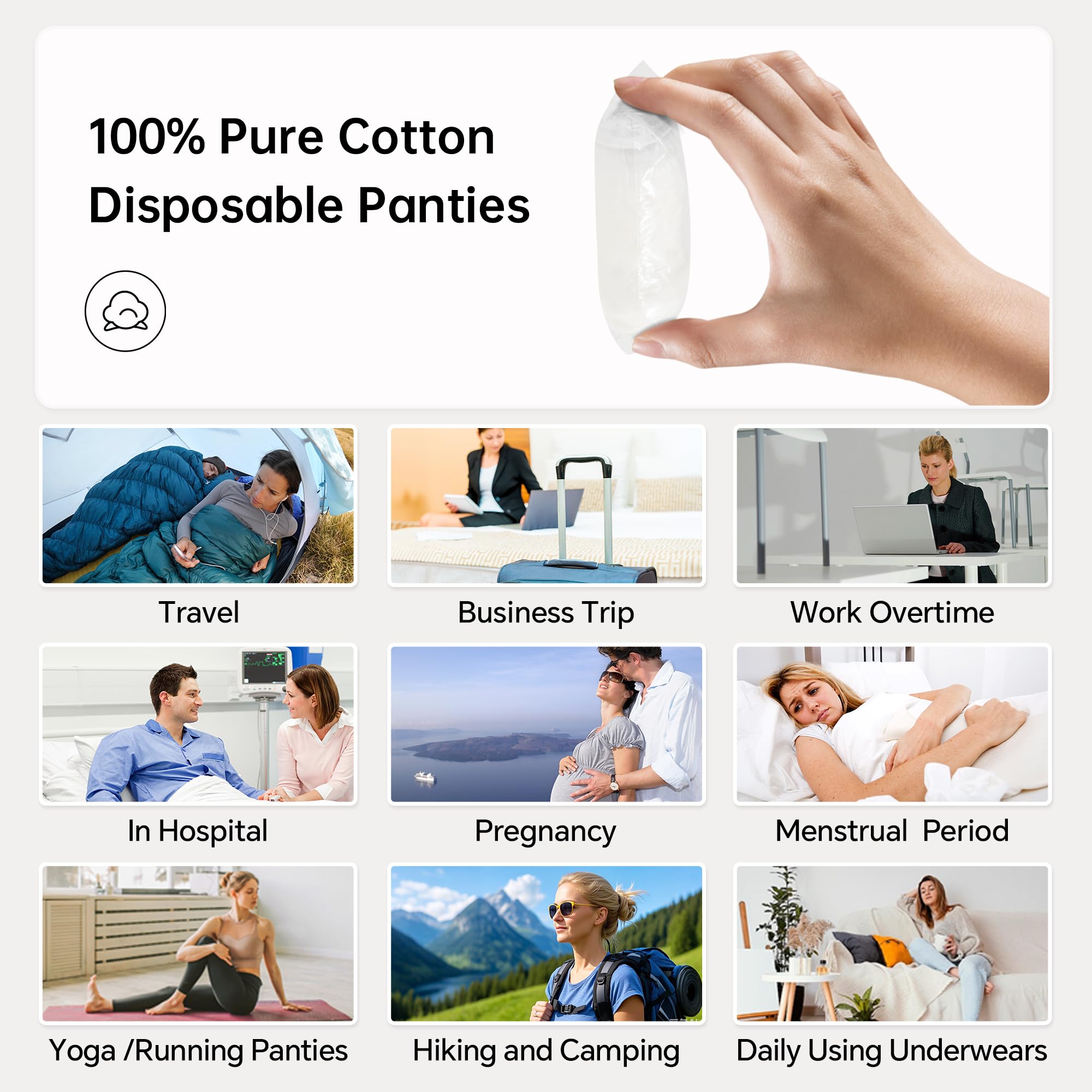 20/10/5 Pack Women's Disposable 100% Cotton Underwear - Breathable Ladies Briefs Panties for Travel, Hotel, Spa, Hospital & Emergency Use - Comfortable for Postpartum, Gym & Daily Wear