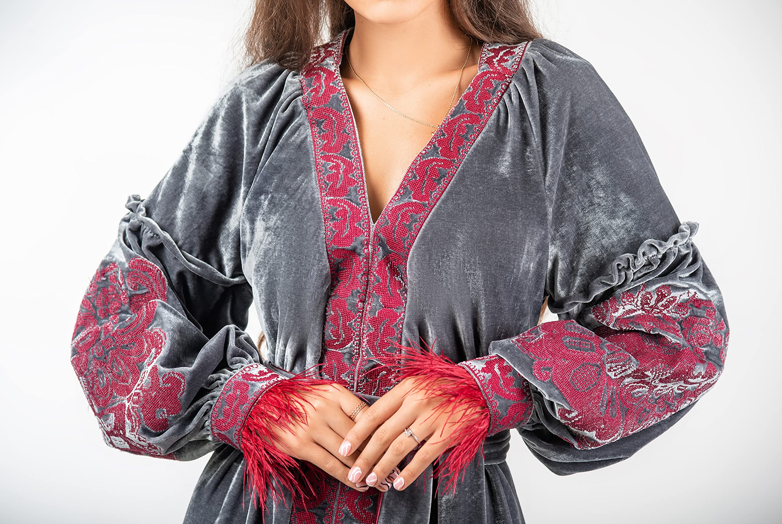 Elegant Velour Long Dress with Embroidery - Gray Bohemian Boho Chic Signature Long Sleeve Dress (Vyshyvanka Style) | Perfect for Weddings, Parties & Special Occasions