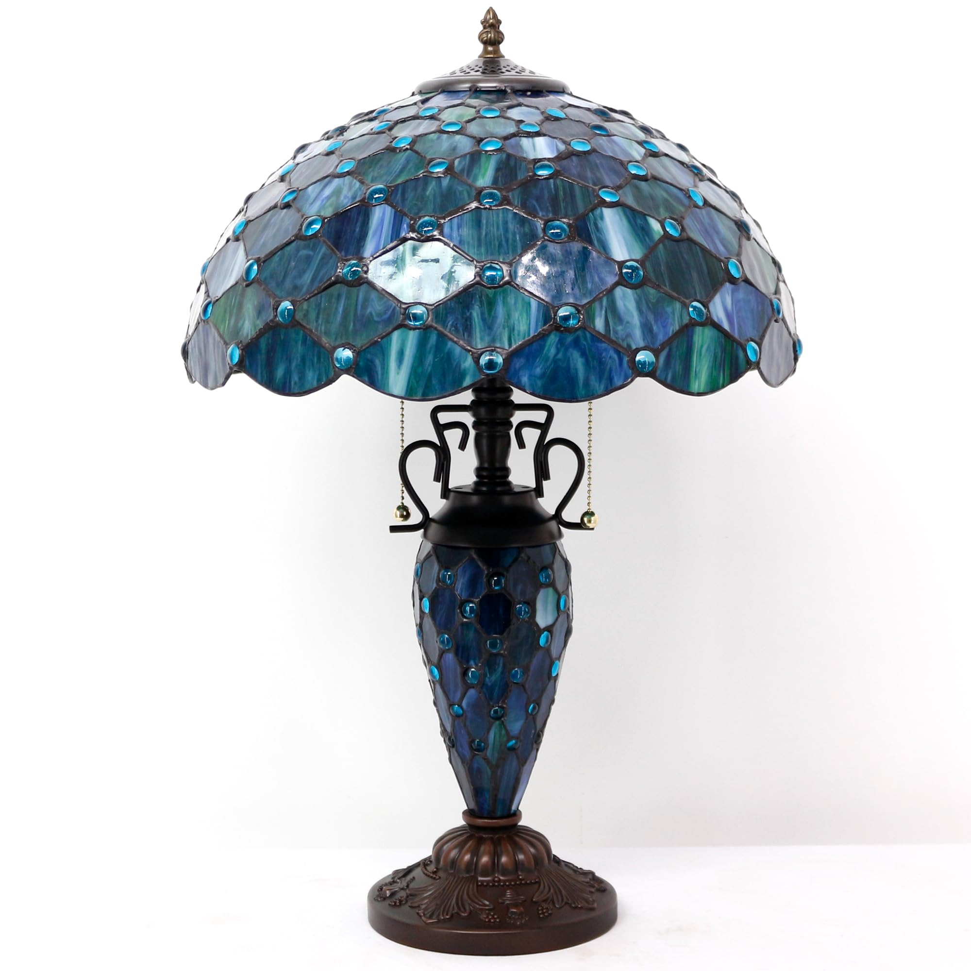 Tiffany Stained Glass Table Lamp - 16x16x24 Inch Antique Reading Lamp with Night Light, Sea Blue Pearl - Perfect for Living Room, Bedroom, and Office Decor