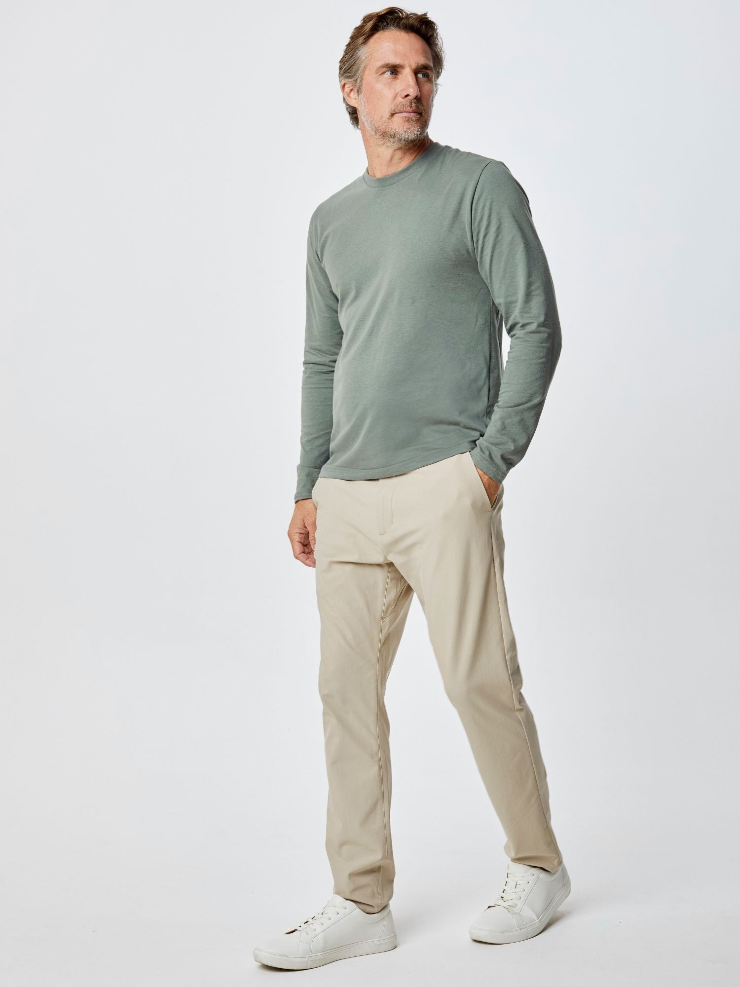 Mercury Green Long Sleeve Crew Neck T-Shirt for Men - Soft Cotton Casual Shirt for Everyday Wear & Outdoor Activities