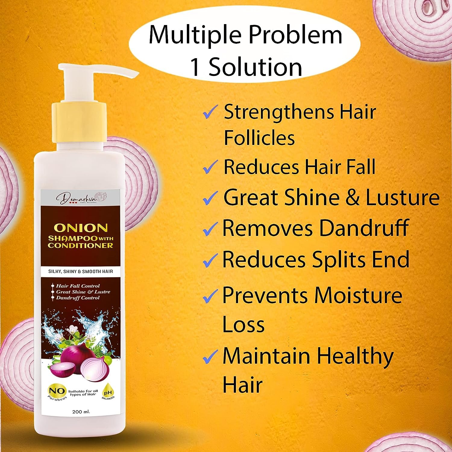 Onion 2-in-1 Shampoo & Conditioner for Hair Growth & Hair Fall Control | Anti-Dandruff Treatment with Shine & Luster - 200ml | Daily Hair Care for Men & Women