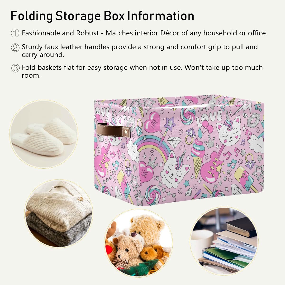 Pink Unicorn Kitten Collapsible Storage Basket - Waterproof Canvas Bin with Handles for Nursery, Toys, Books & Closet Organization | Perfect for Kids' Bedroom, Playroom & Home Decor