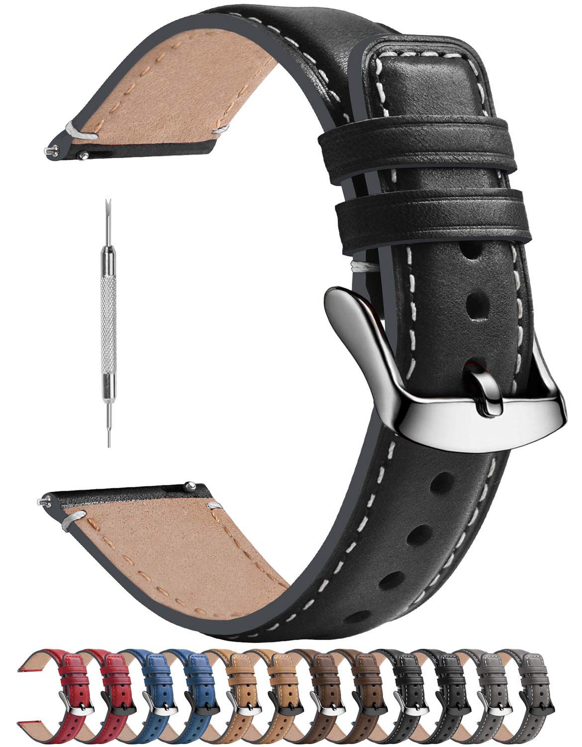 Fullmosa Quick Release Leather Watch Band 22mm 20mm 18mm - Burnished Strap for Samsung Galaxy Watch/Garmin Watch - Perfect for Business, Casual & Outdoor Activities