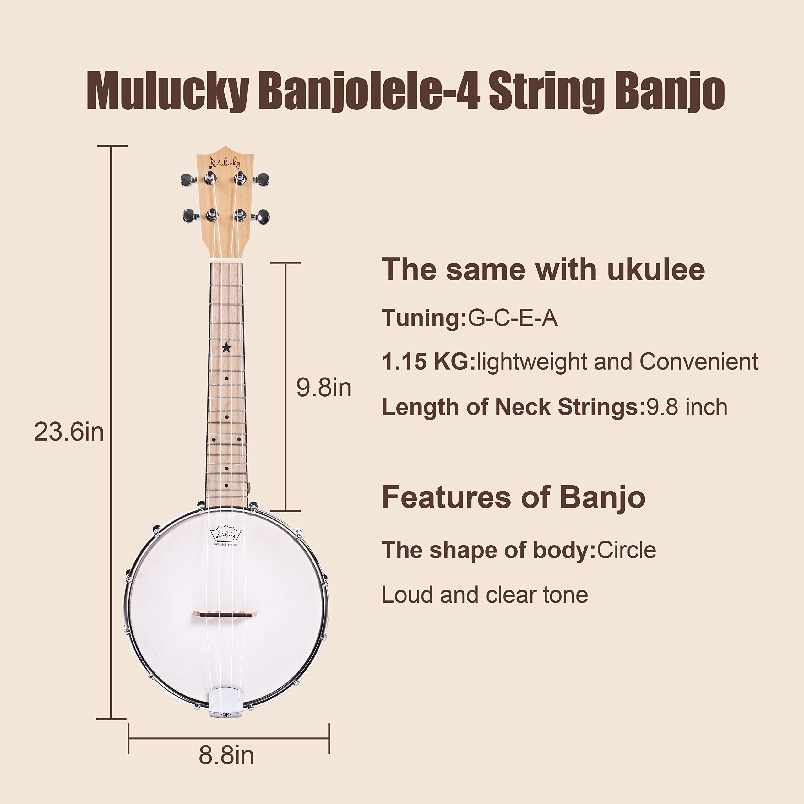 Mulucky 4 String Banjo Ukulele Concert Size 23 Inch - Solid Wood Back Beginner Kit with Truss Rod, Gig Bag, Tuner, Strings, Strap & Picks (MBU-807) | Perfect for Beginners, Travel, Camping & Live Performances