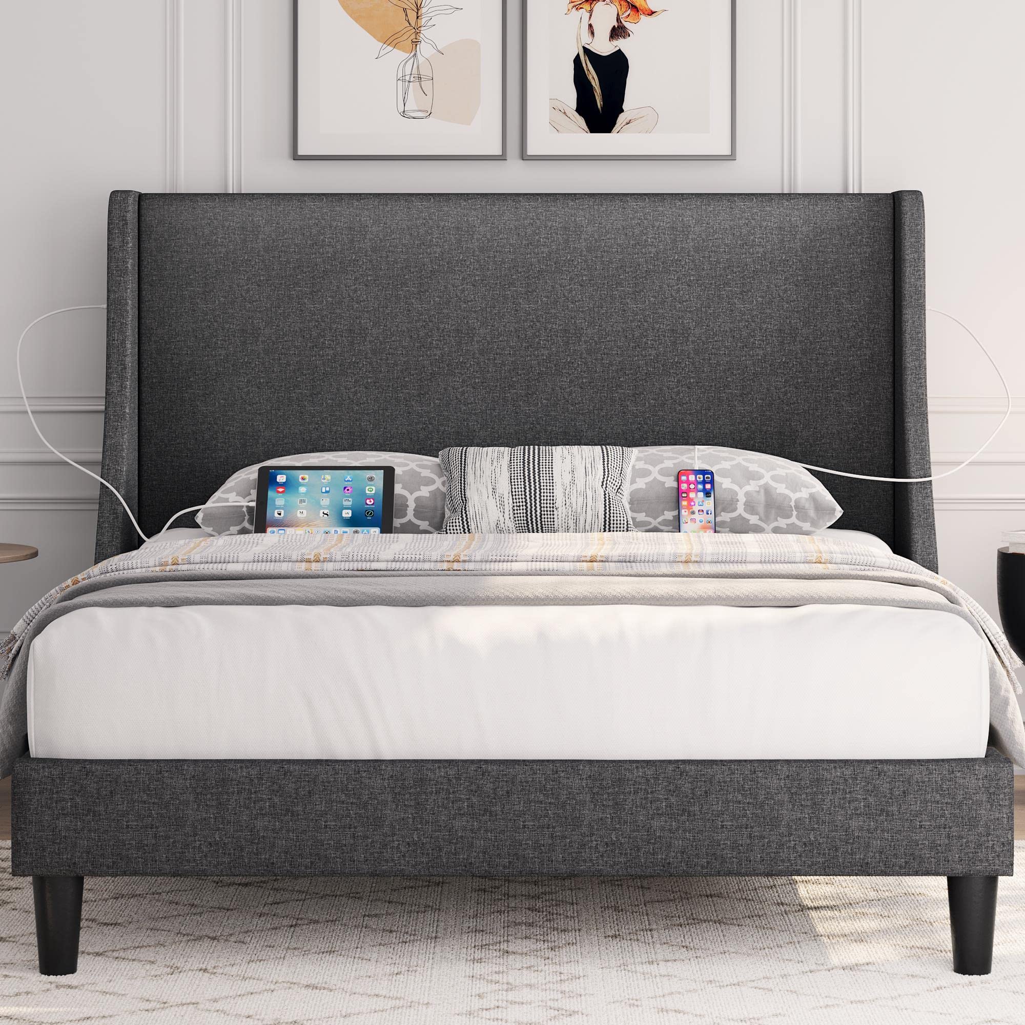 Topeakmart Full Size Upholstered Bed Frame with USB Ports & Headboard - Easy Assembly for Modern Bedrooms