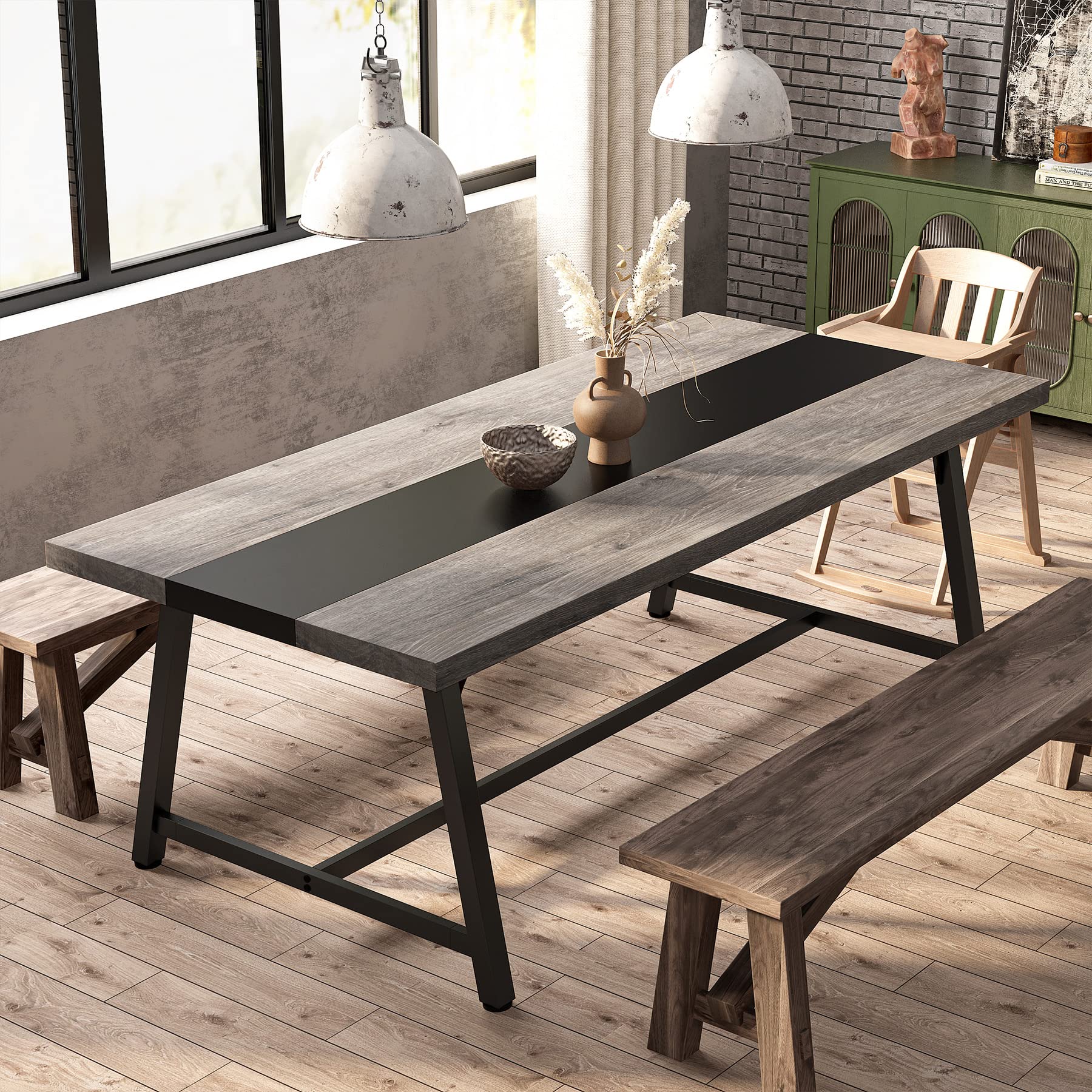 Tribesigns 70.87-inch Rectangular Dining Table for 8 People - Solid Wood Kitchen Table with Sturdy Metal Frame, Industrial Style Large Dining Room Table for Big Families (Gray, No Chair Included) - Perfect for Family Gatherings, Dinner Parties & Open Concept Living Spaces