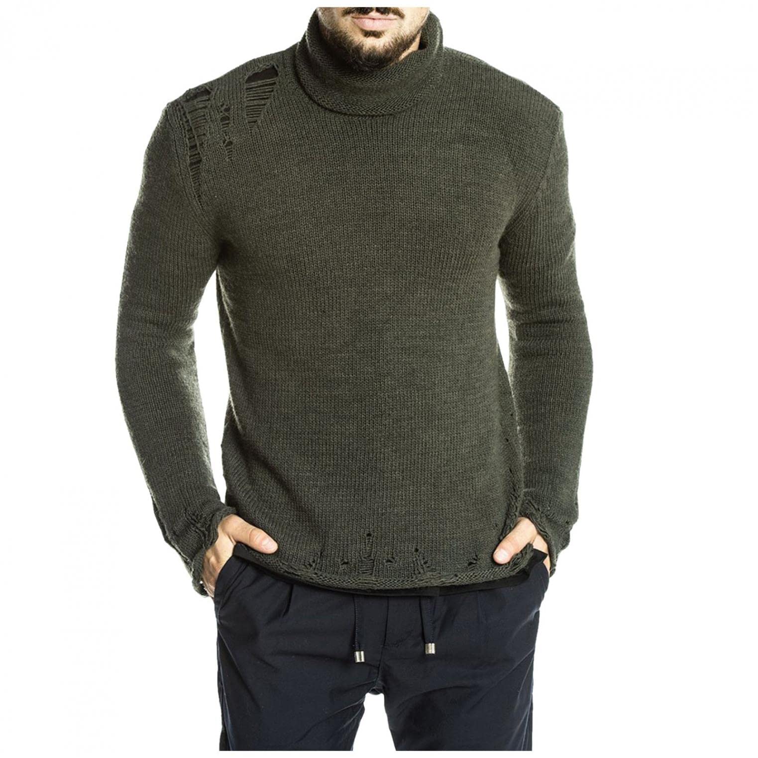 Men's Oversized Knit Sweater - Ripped Turtleneck Pullover for Hip Hop Fashion