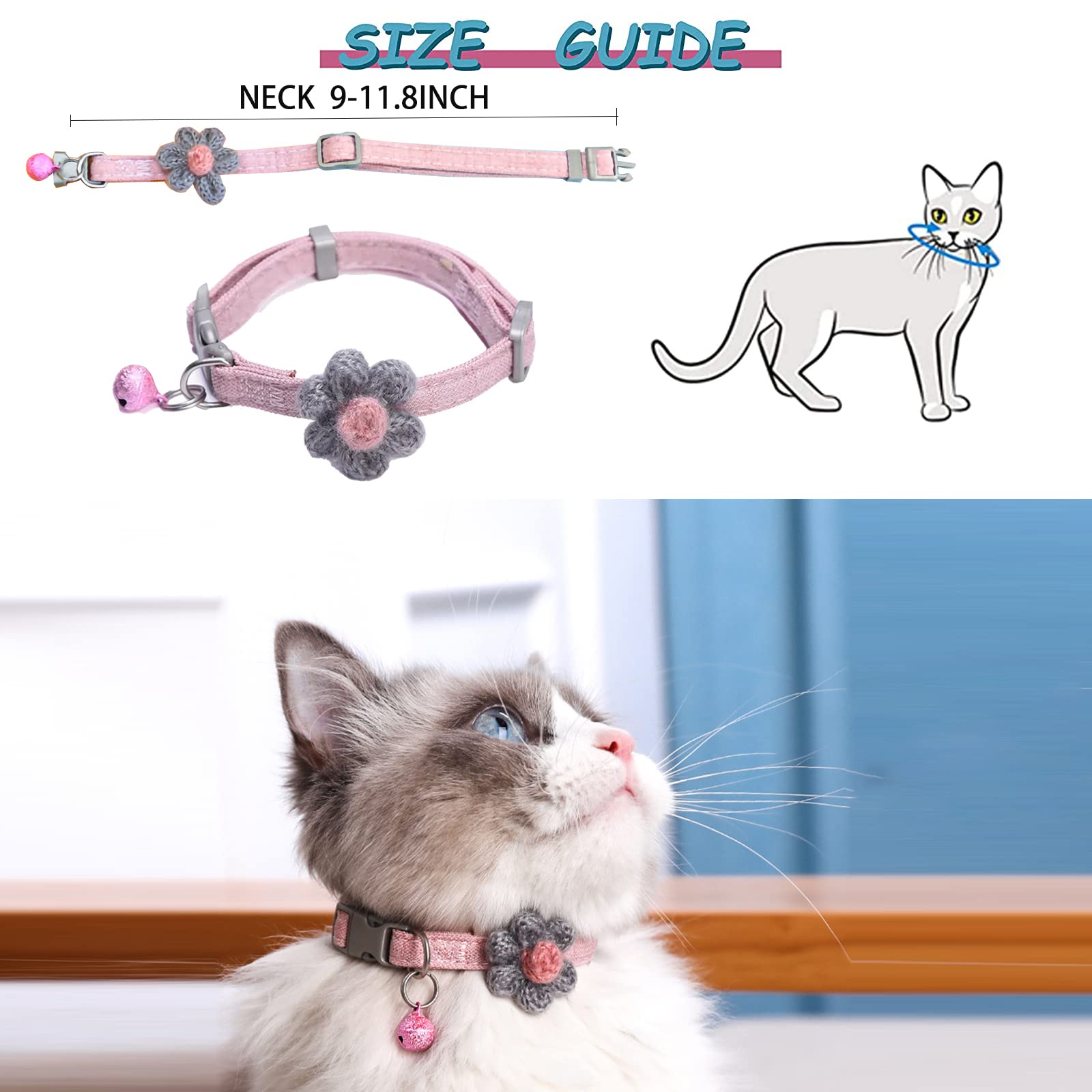 Handmade Adjustable Cat Collar with Six Petal Flowers & Bells - Sky Blue Kitten Collar for Girl Cats | Perfect for Daily Wear, Special Occasions & Photo Shoots