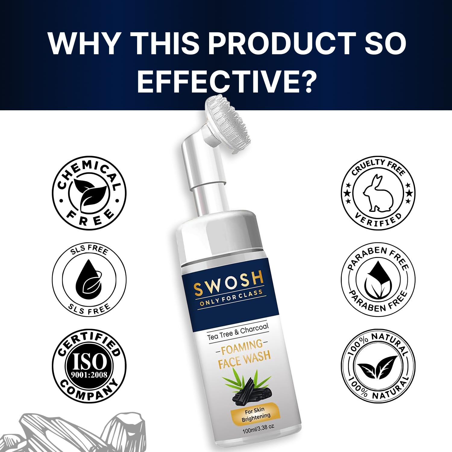 Swosh Activated Charcoal & Tea Tree Oil Face Wash 100ml with Built-in Silicone Brush | Deep Cleansing, Oil Control for Normal to Oily Skin - Gentle Exfoliating Facial Cleanser for Women & Men | Perfect for Daily Skincare Routine and Acne-Prone Skin