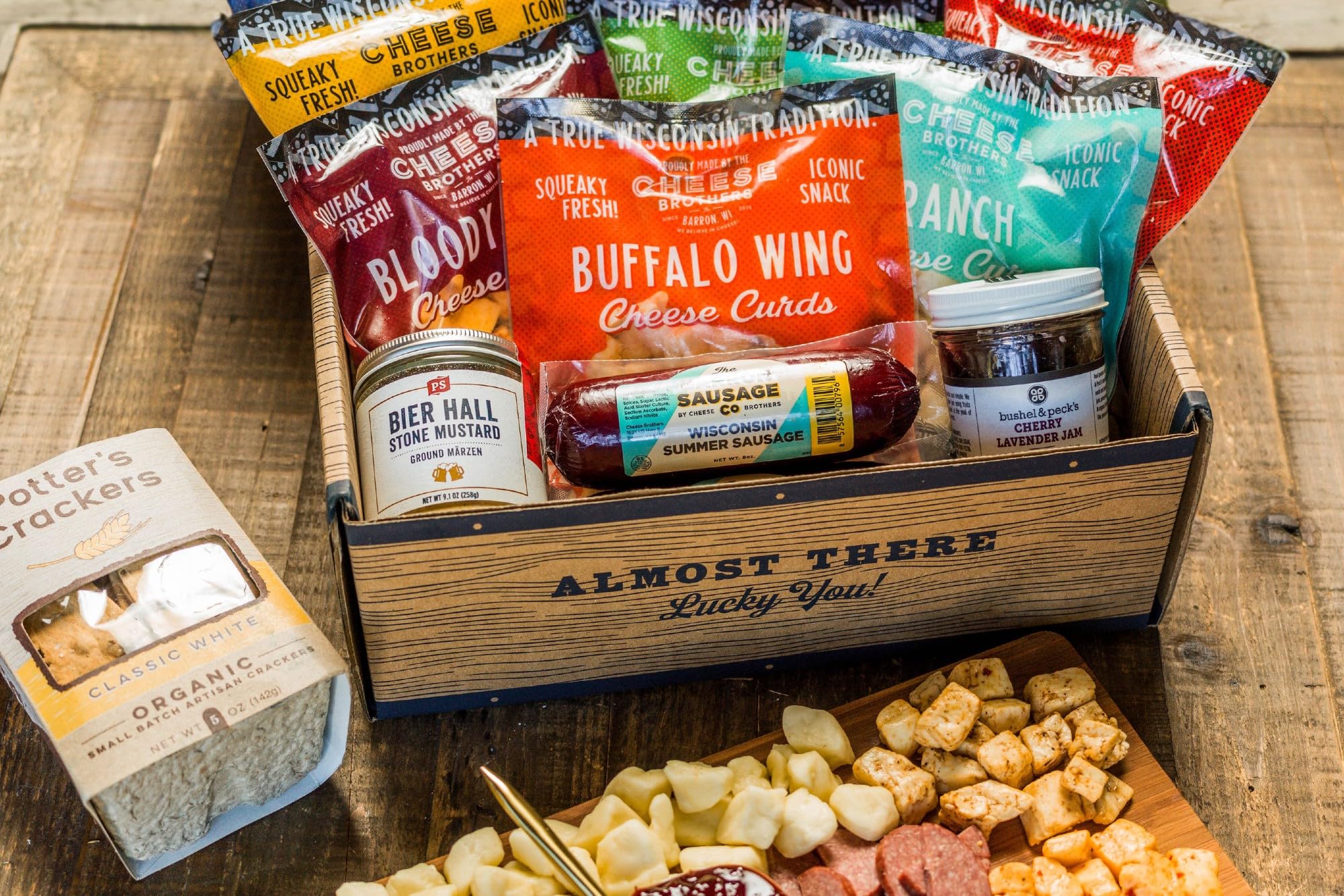 Cheese Bros Deluxe Charcuterie Gift Box | Wisconsin Fresh Cheese Curds, Mustard, Summer Sausage, Jam & Organic Crackers | Perfect for Parties, Gifts & Gourmet Snacking