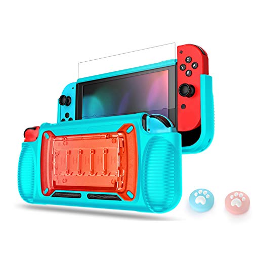 LEYUSMART Nintendo Switch Protective Grip Case with Game Card Holder, Tempered Glass Screen Protector & Cat Paw Thumb Caps - Teal Blue for Enhanced Gaming Comfort and Portability