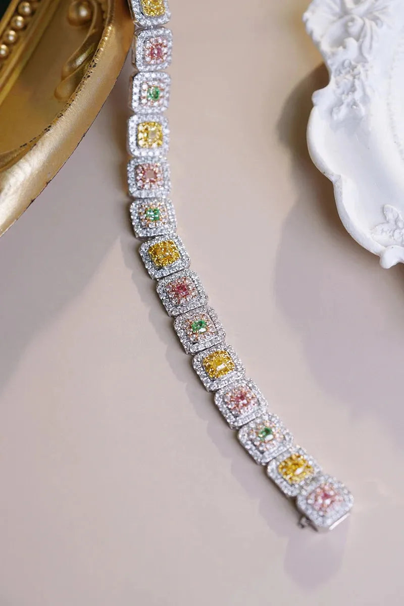 18K White Gold Luxury Diamond Bracelet for Women - 7.8 Carat Natural Rainbow Color Diamonds | Elegant Senior Banquet & Formal Occasion Jewelry Gift