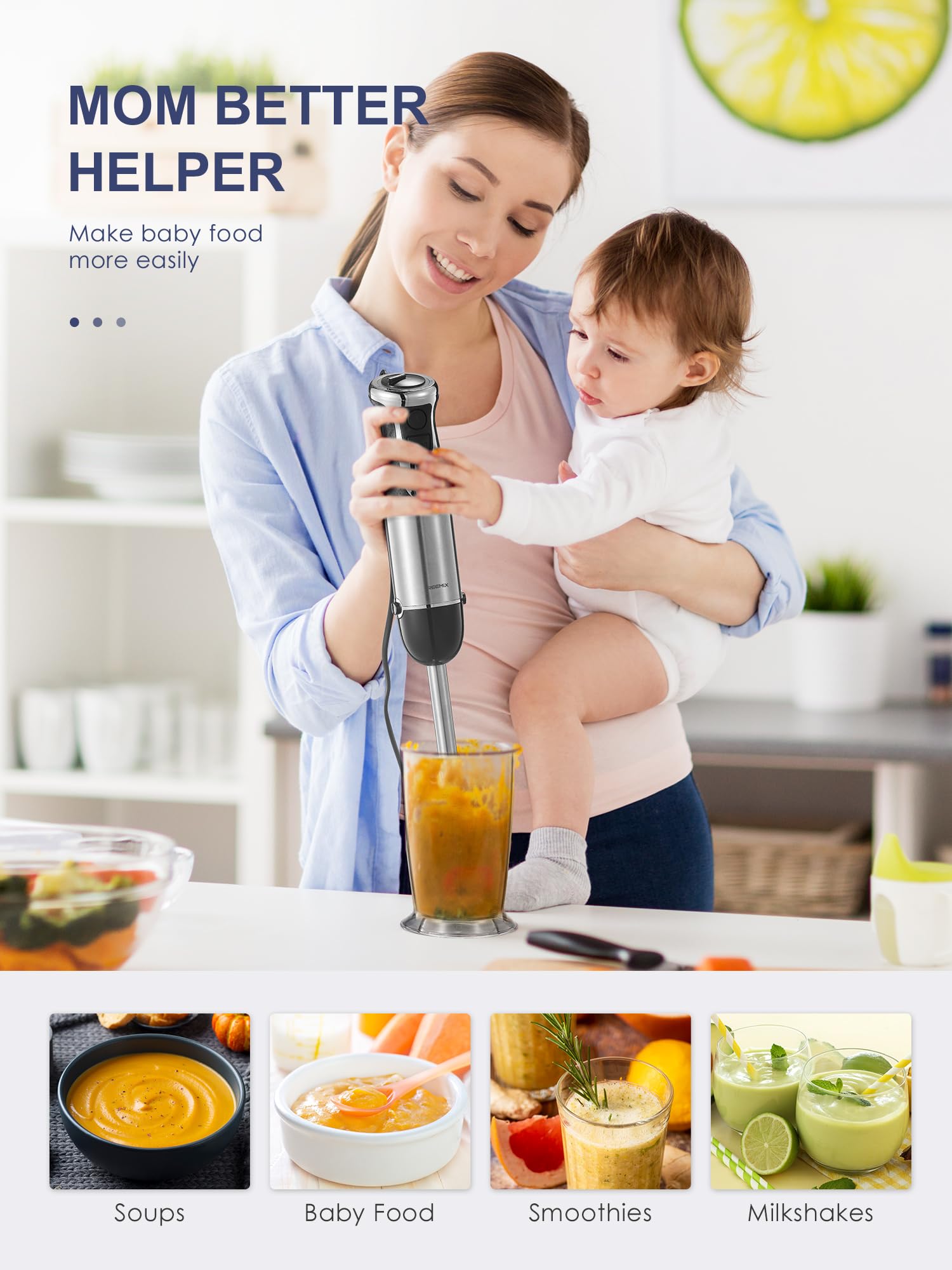**5-in-1 1000W Immersion Hand Blender with Stainless Steel Blade & Copper Motor - Includes Mixing Beaker, Whisk & Milk Frother - Perfect for Smoothies, Purees, Baby Food & Cooking (Black)**    *Ideal for blending soups, sauces, milkshakes, and homemade baby food – great for kitchens, cafes, and busy parents!*