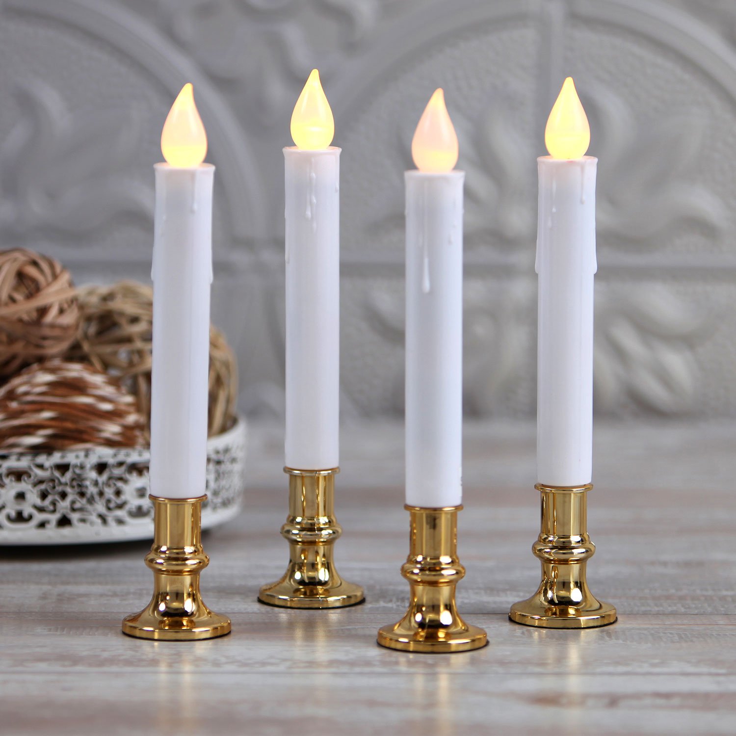 Flameless Window Candles with Gold Holders - Set of 4 Battery Operated LED Candles with Remote, Suction Cups & Timer | Flickering Lights for Christmas Decor, Home & Wedding Ambiance