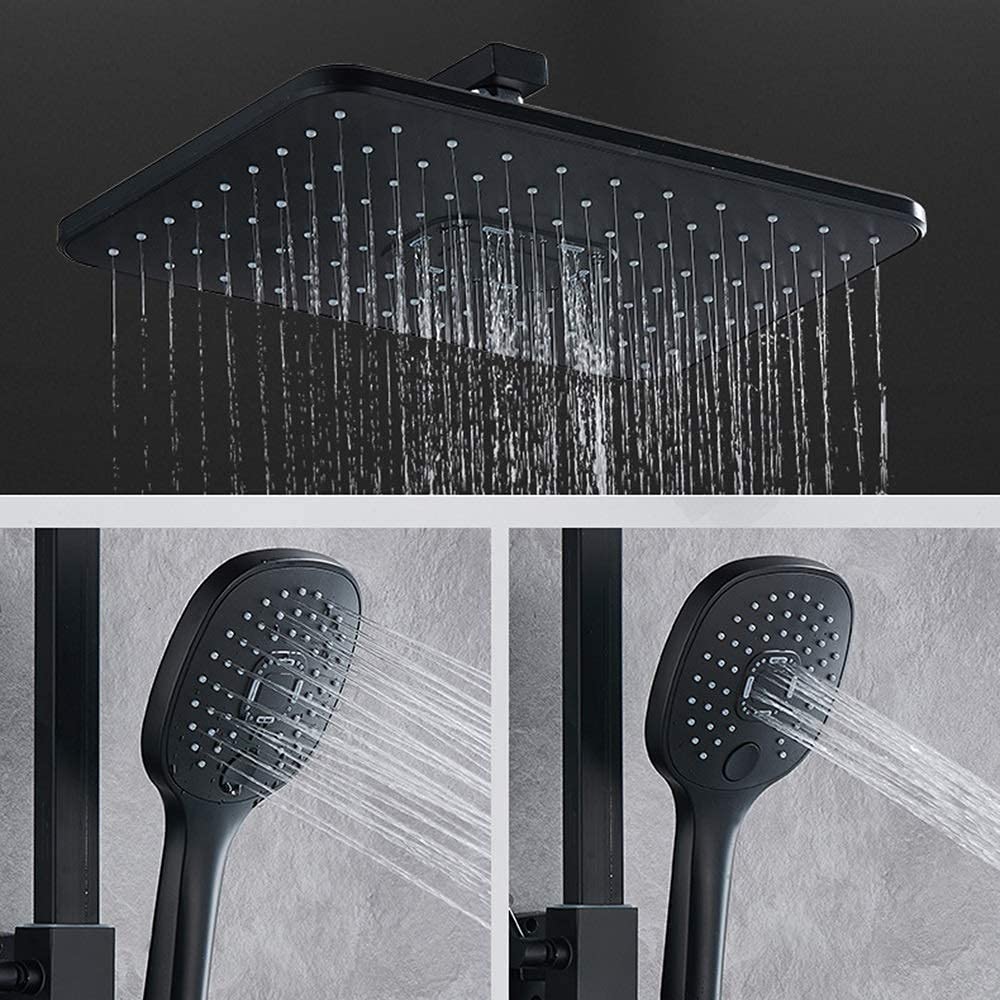 20cm Thermostatic Shower System with 5 Spray Modes - Black Brass Shower Faucet Set with Lift Rack - Rustproof Bathroom Fixture for Modern Home & Spa Experience